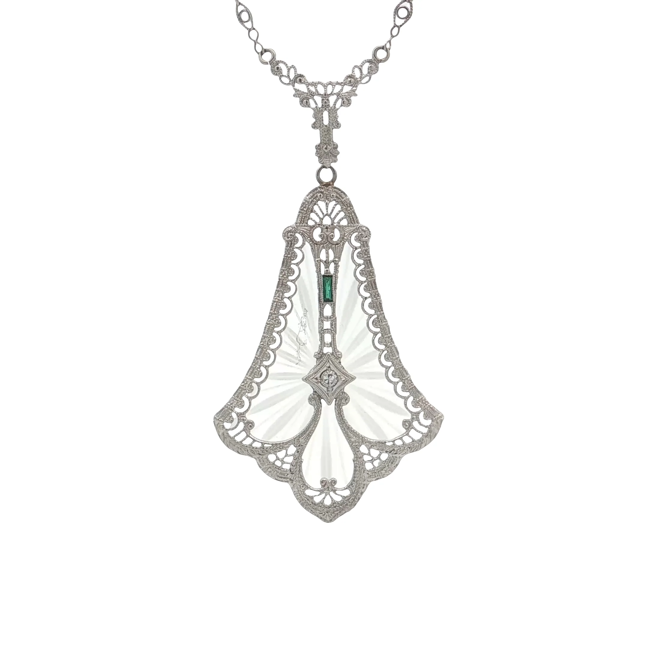 Antique Art Deco Camphor Glass Pendant 14k White Gold