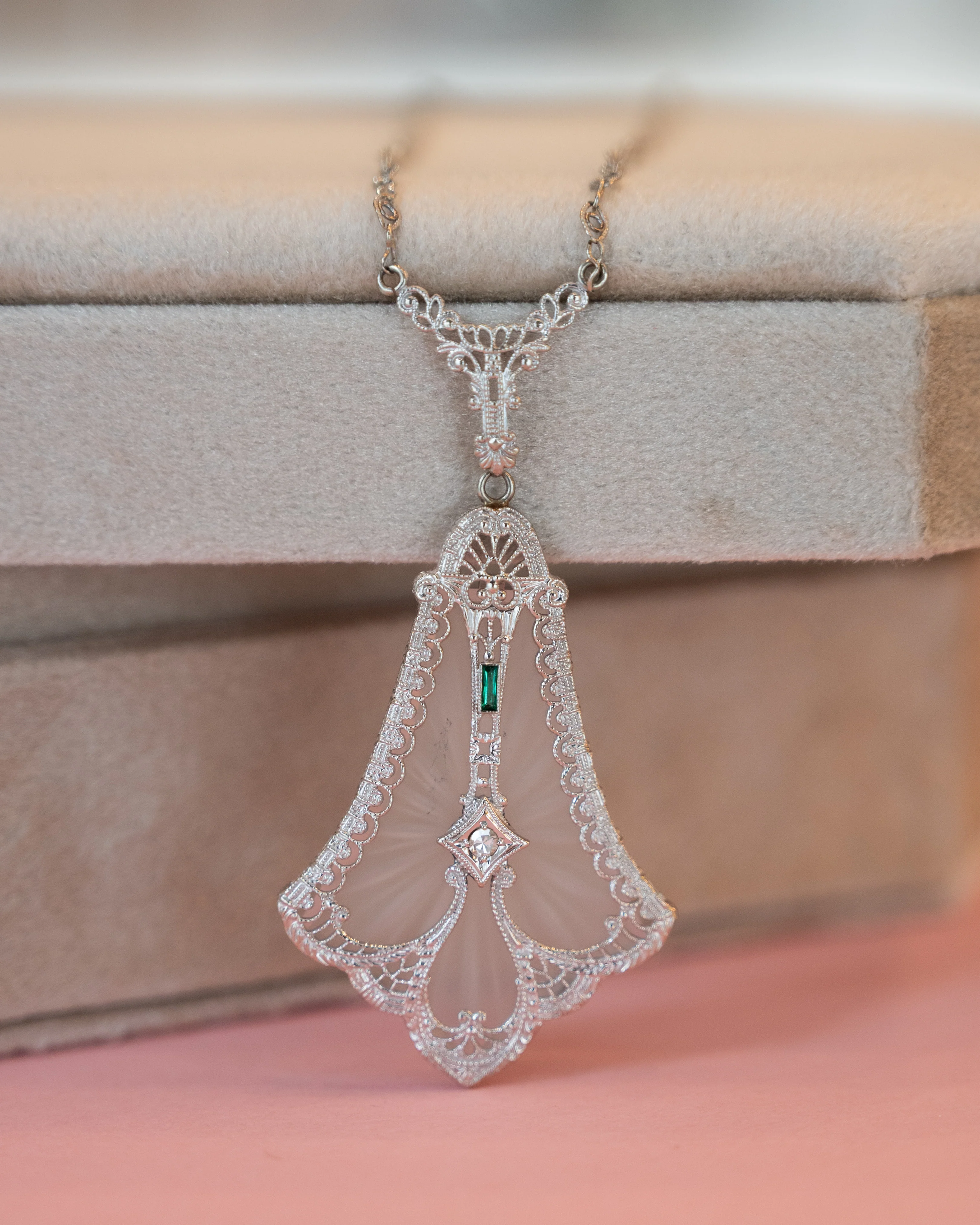 Antique Art Deco Camphor Glass Pendant 14k White Gold - Image 5