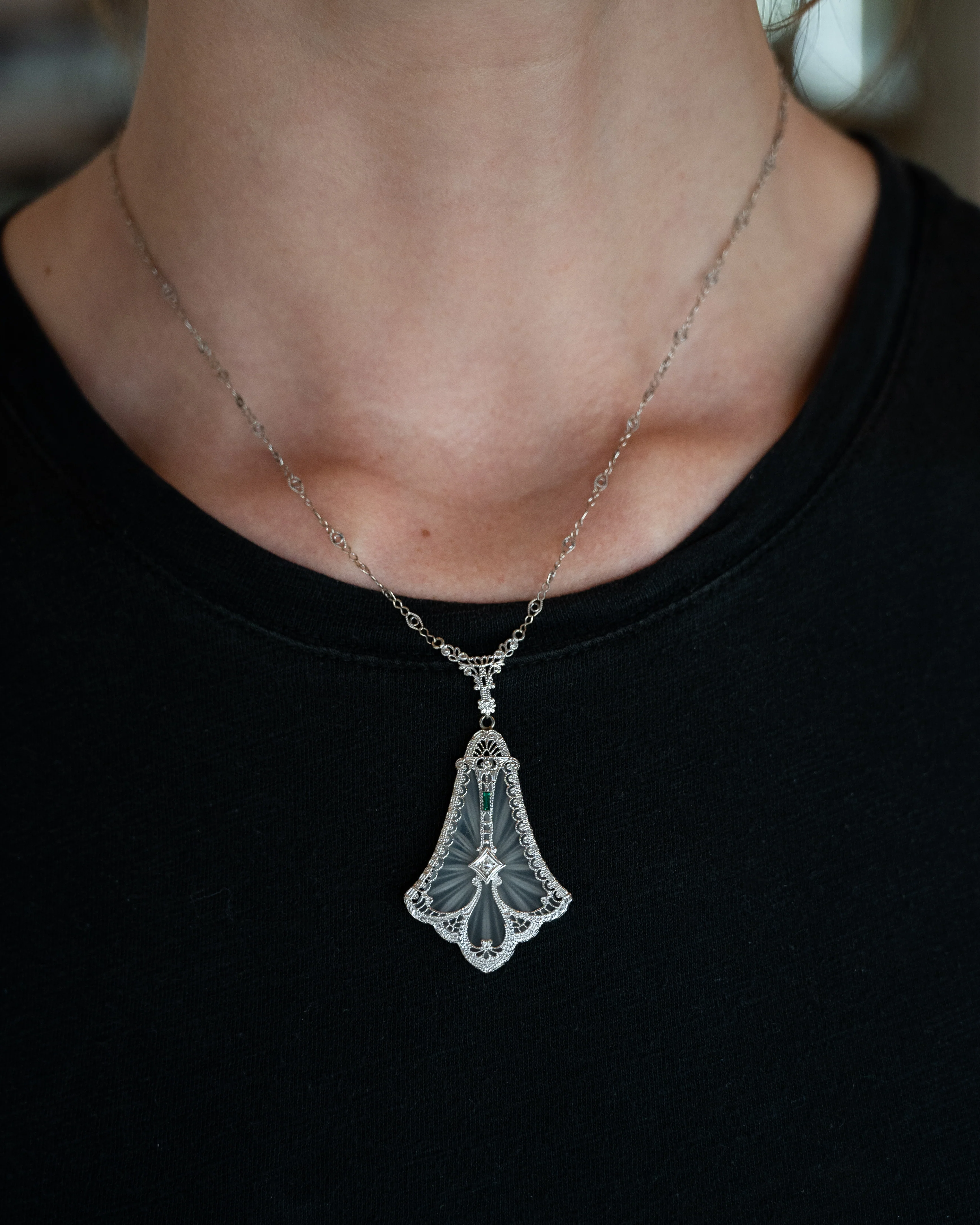 Antique Art Deco Camphor Glass Pendant 14k White Gold - Image 6