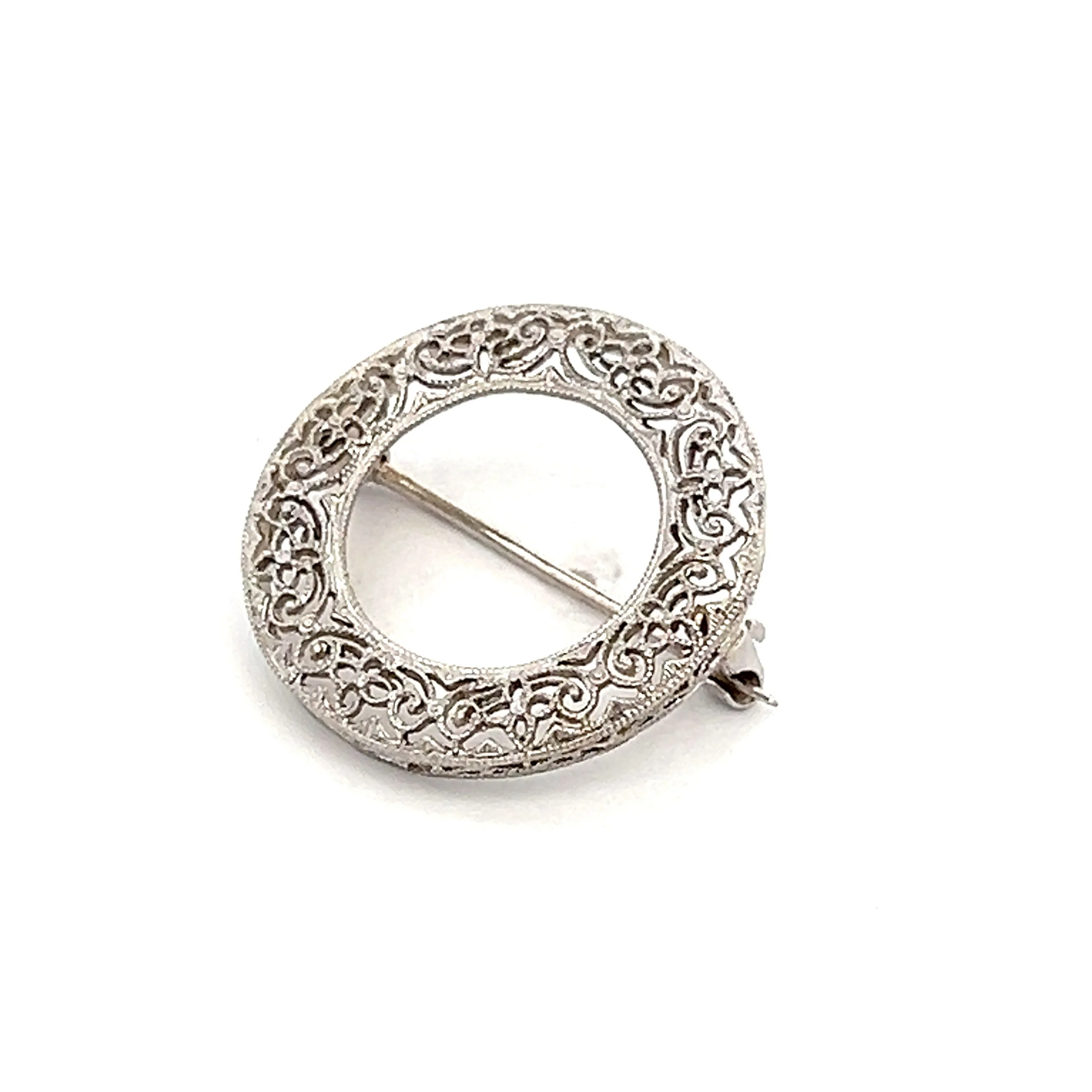 Antique Art Deco Circle Filigree Brooch in 14k White Gold - Image 2