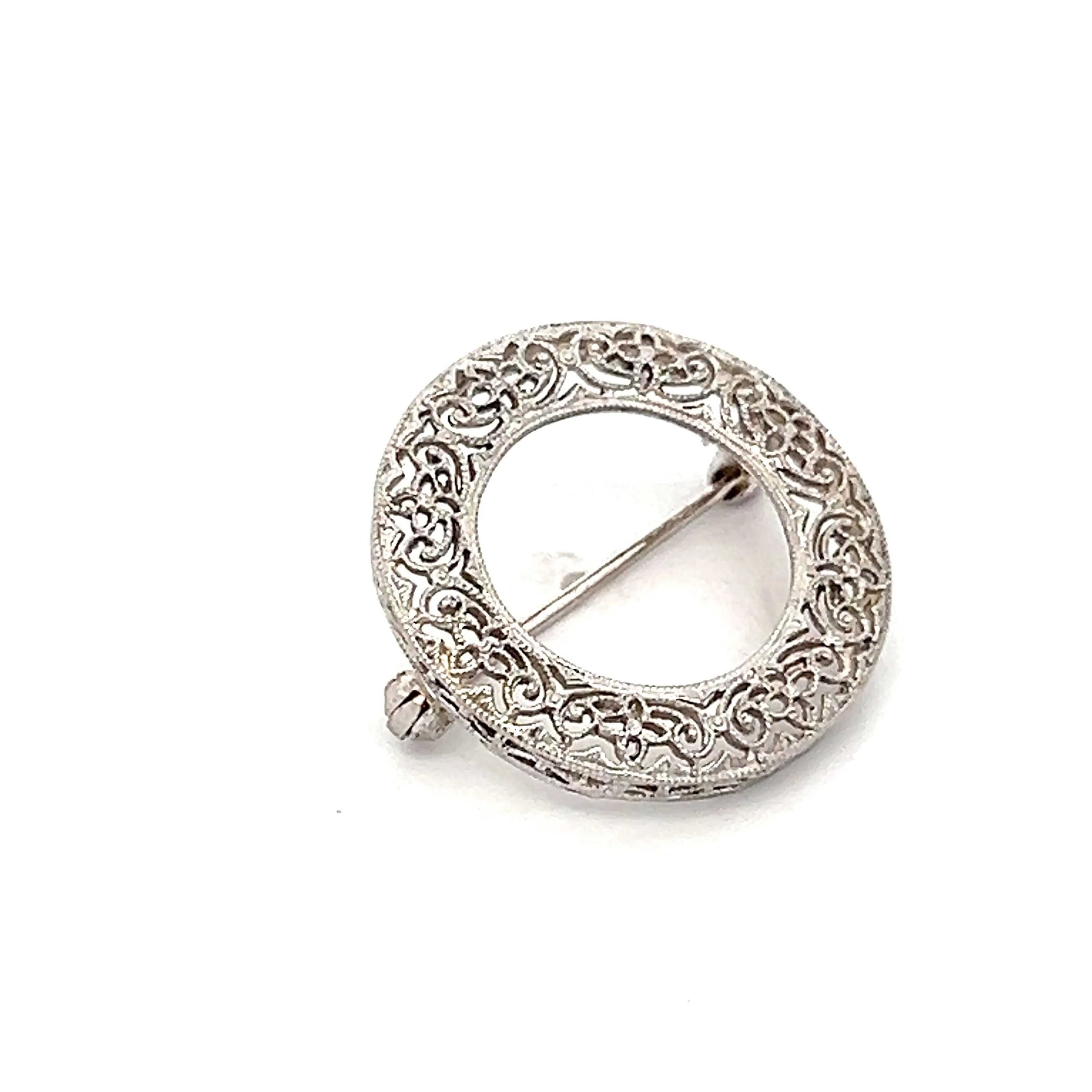 Antique Art Deco Circle Filigree Brooch in 14k White Gold - Image 3