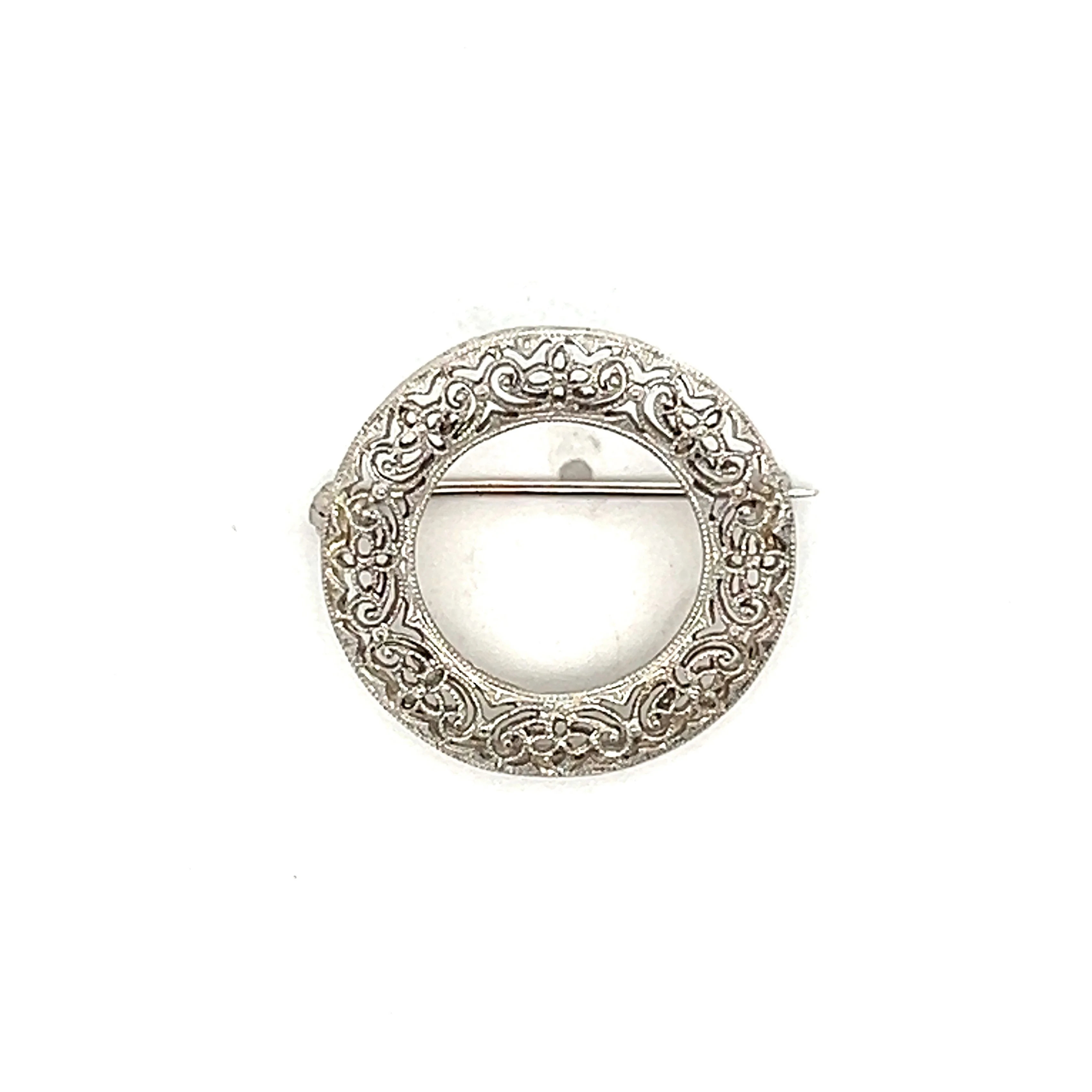 Antique Art Deco Circle Filigree Brooch in 14k White Gold - Image 4