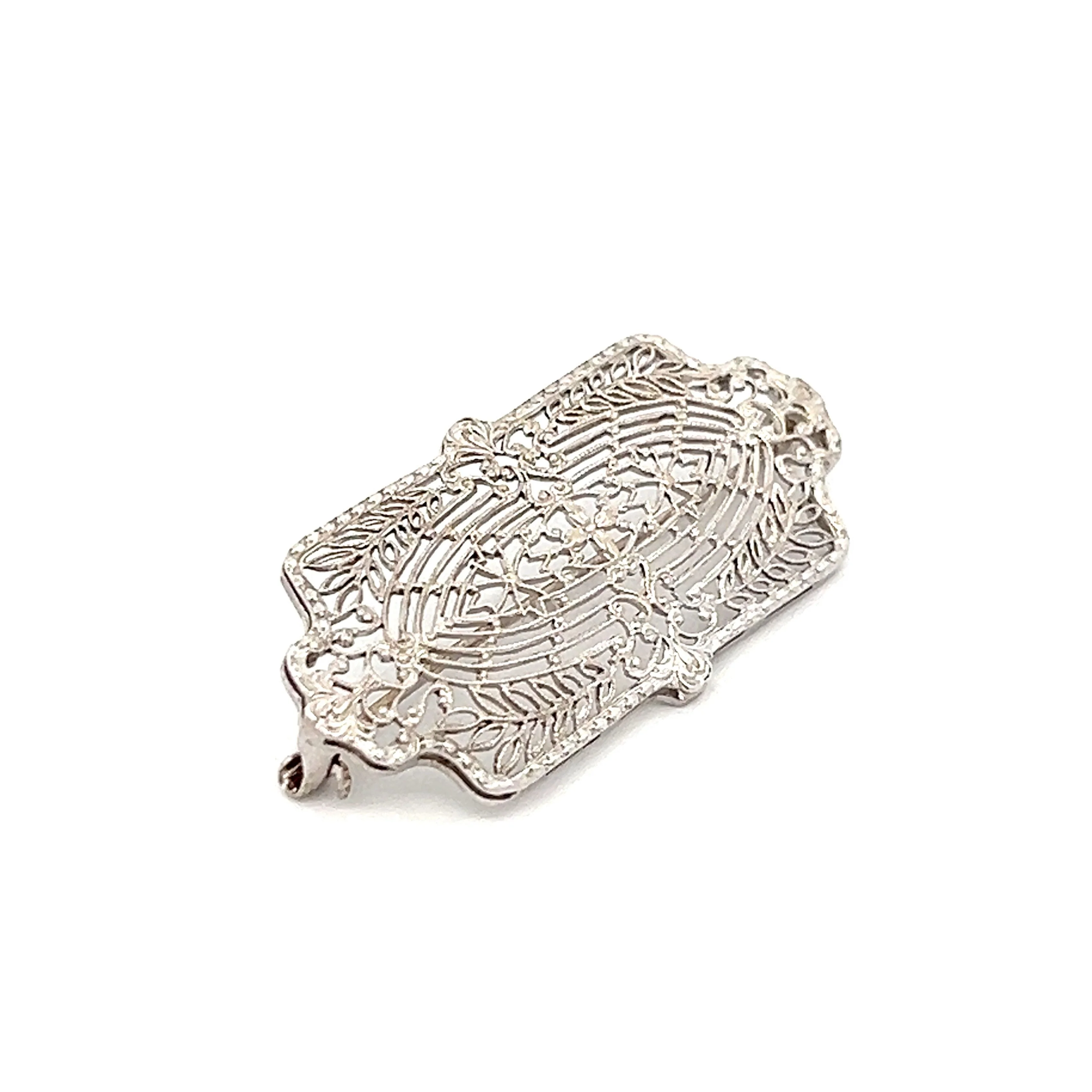 Antique Art Deco Filigree Brooch in 14k White Gold - Image 3