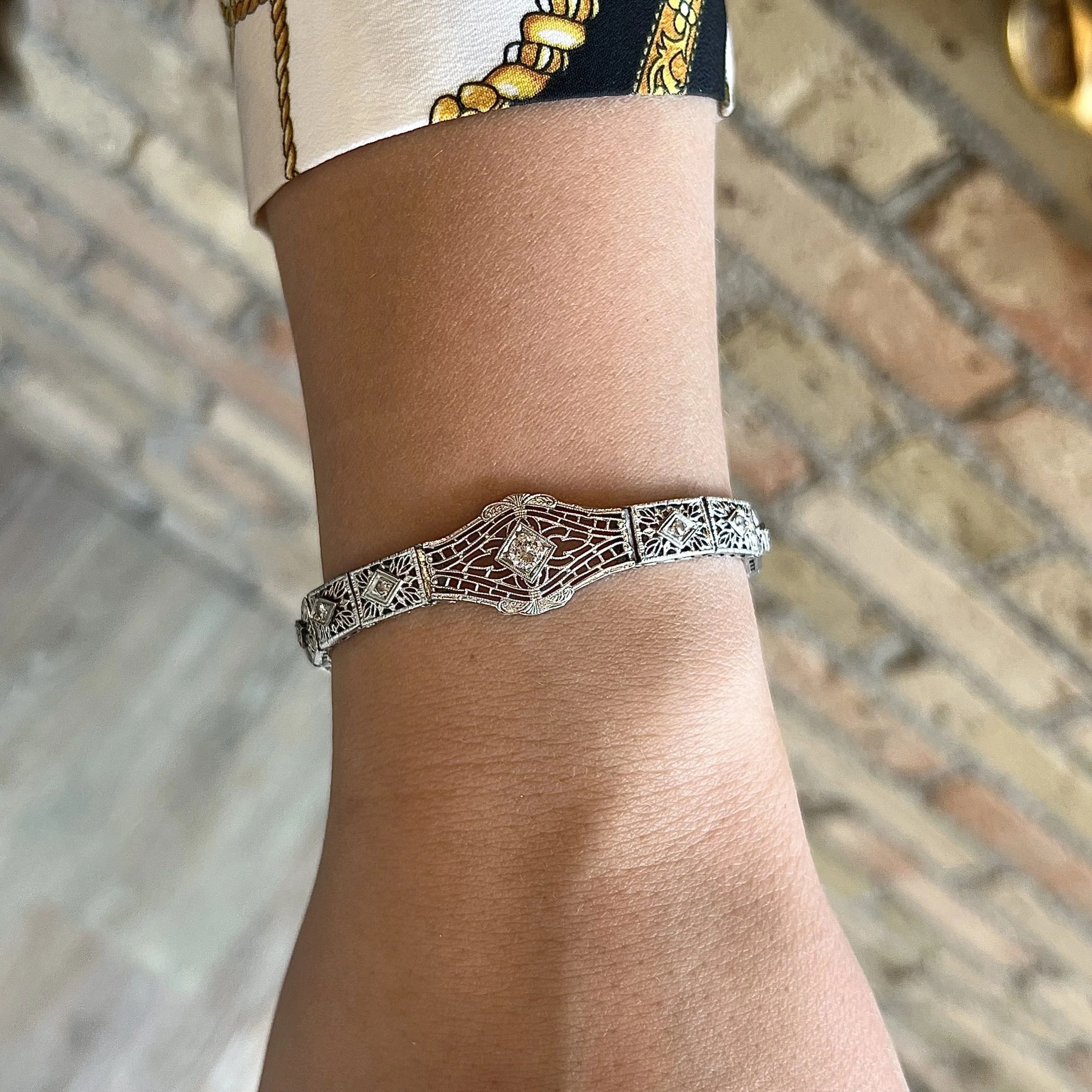 Antique Art Deco Filigree Diamond Bracelet in 14k White Gold - Image 6