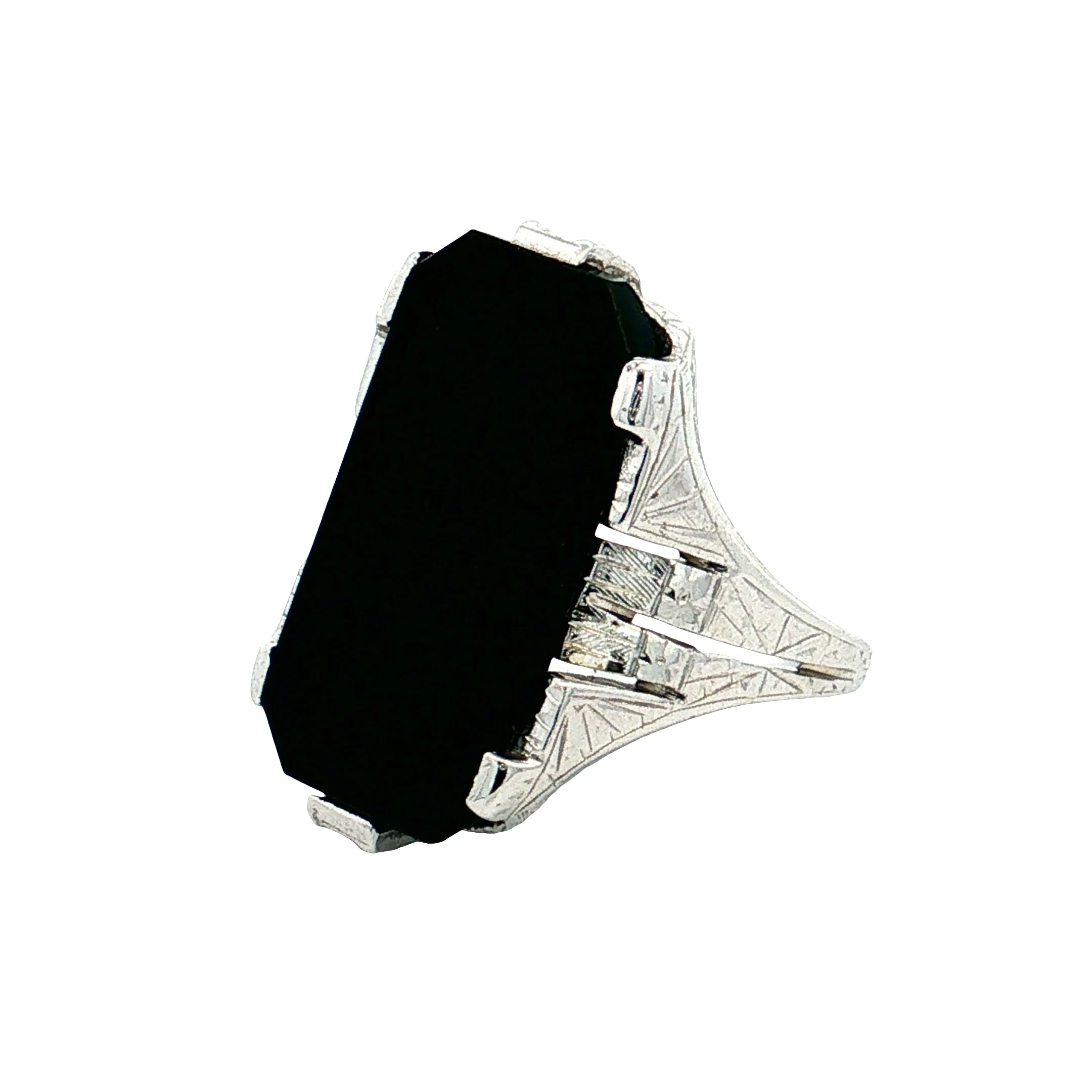 Antique Art Deco Onyx Cocktail Ring 14k White Gold - Image 2