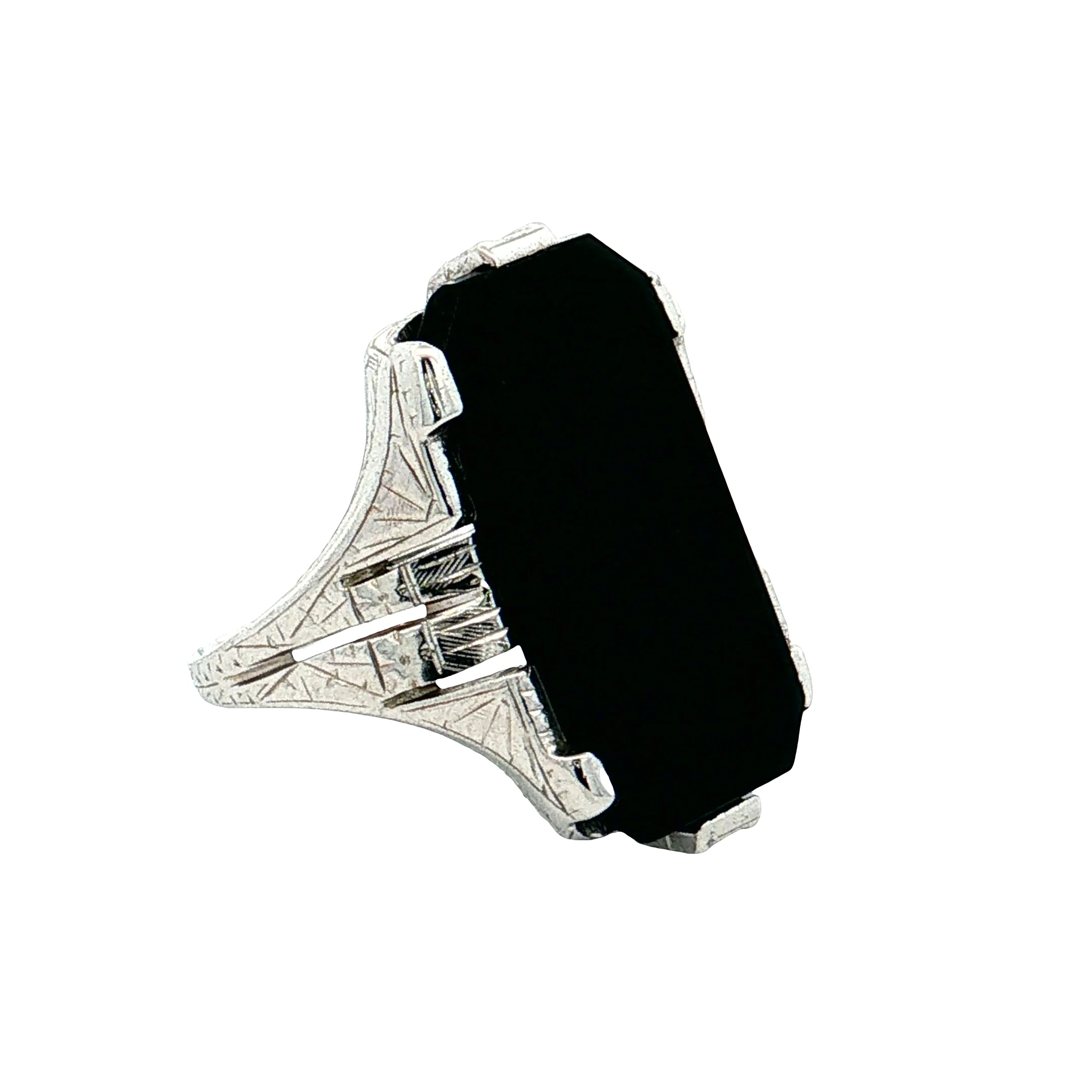 Antique Art Deco Onyx Cocktail Ring 14k White Gold - Image 3