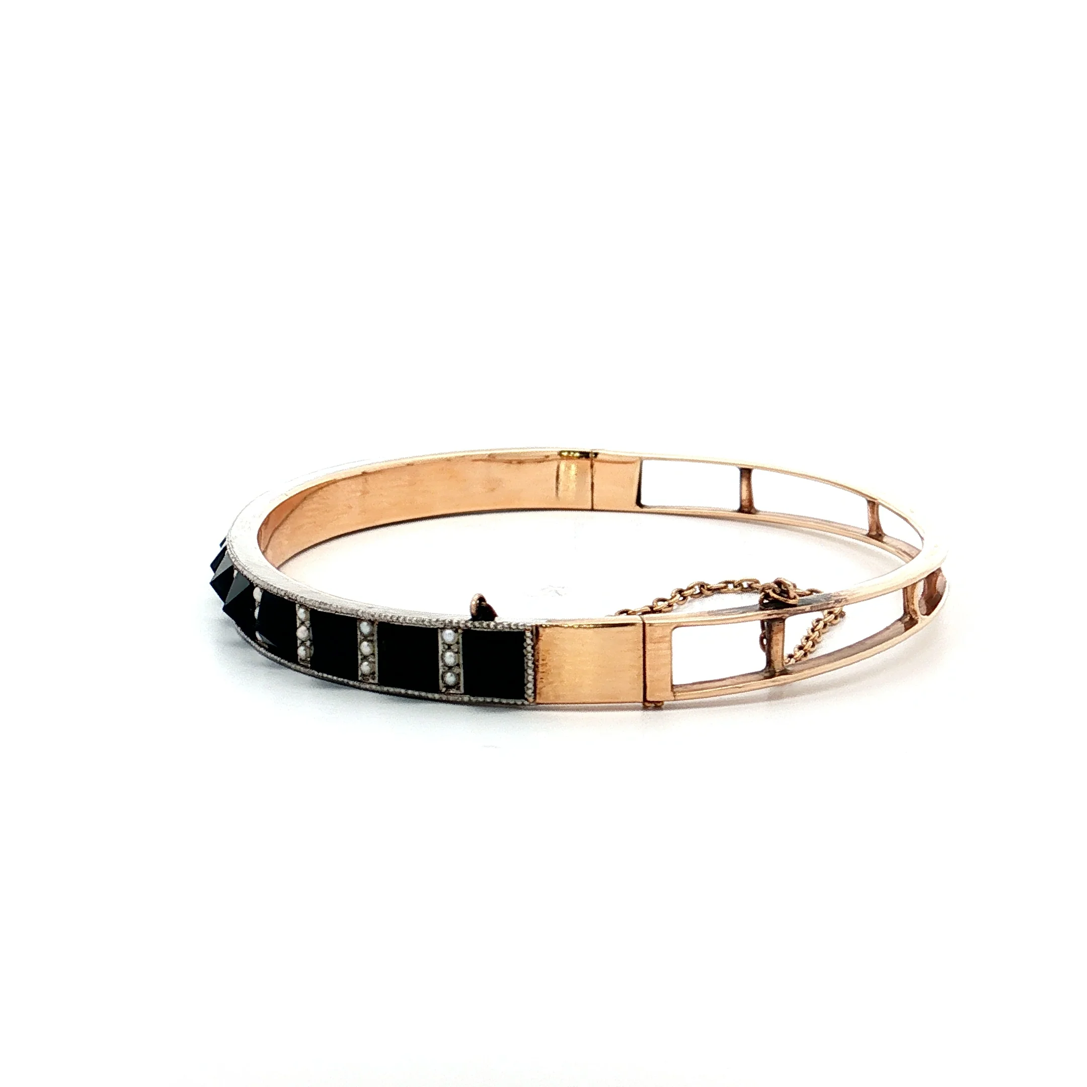 Antique Art Deco Onyx & Pearl Bangle Bracelet 14k - Image 2