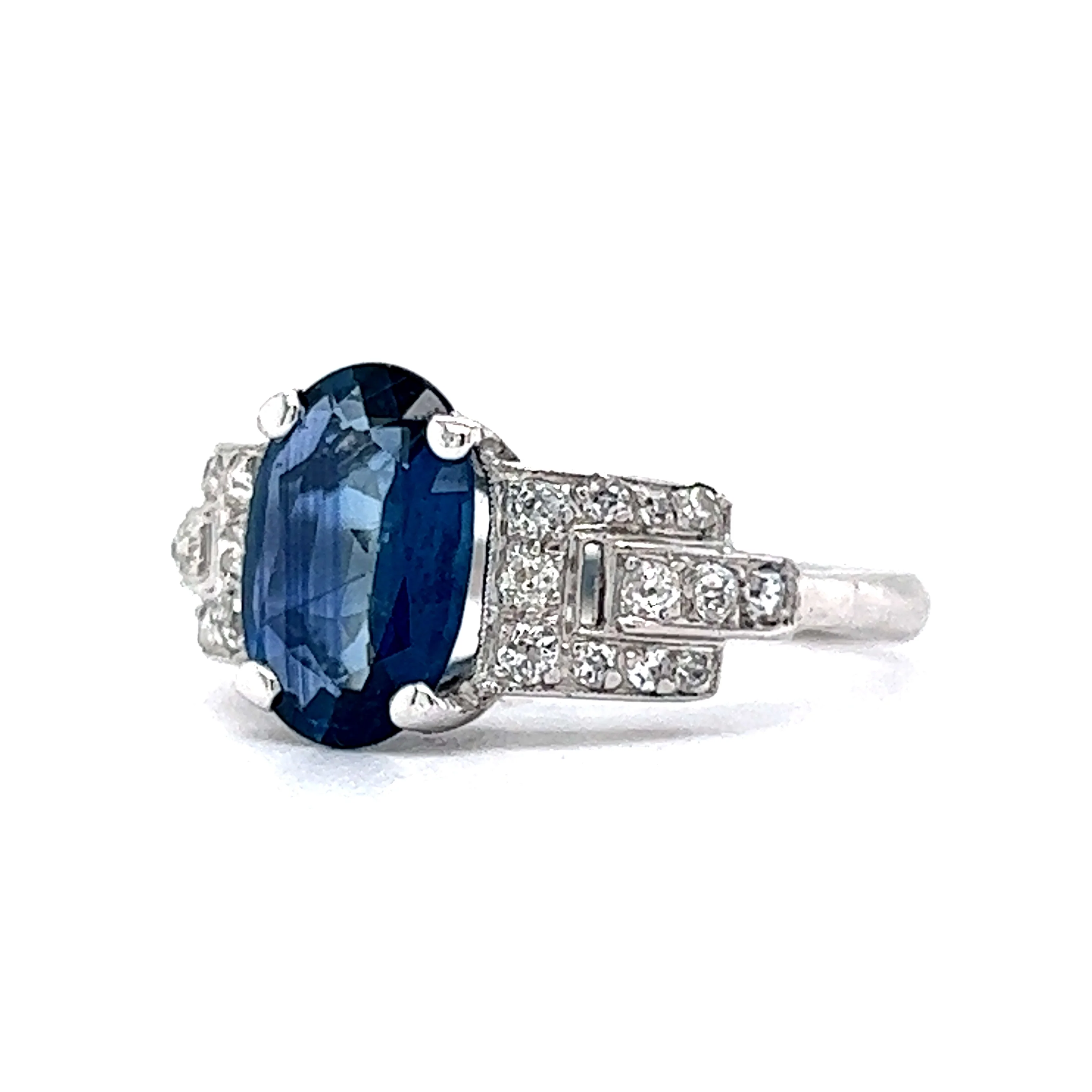 Antique Art Deco Oval Sapphire & Diamond Ring in 18k - Image 2