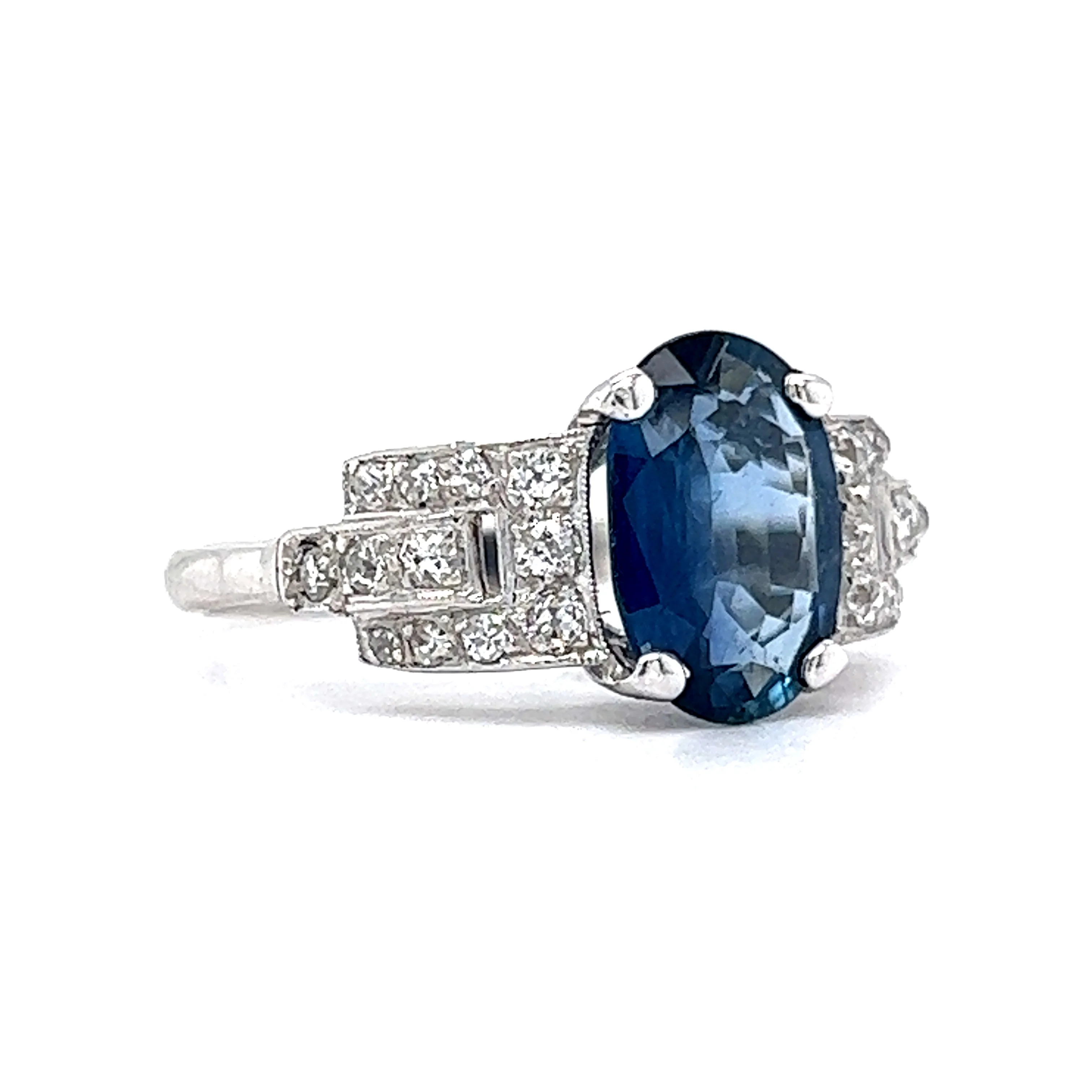 Antique Art Deco Oval Sapphire & Diamond Ring in 18k - Image 3