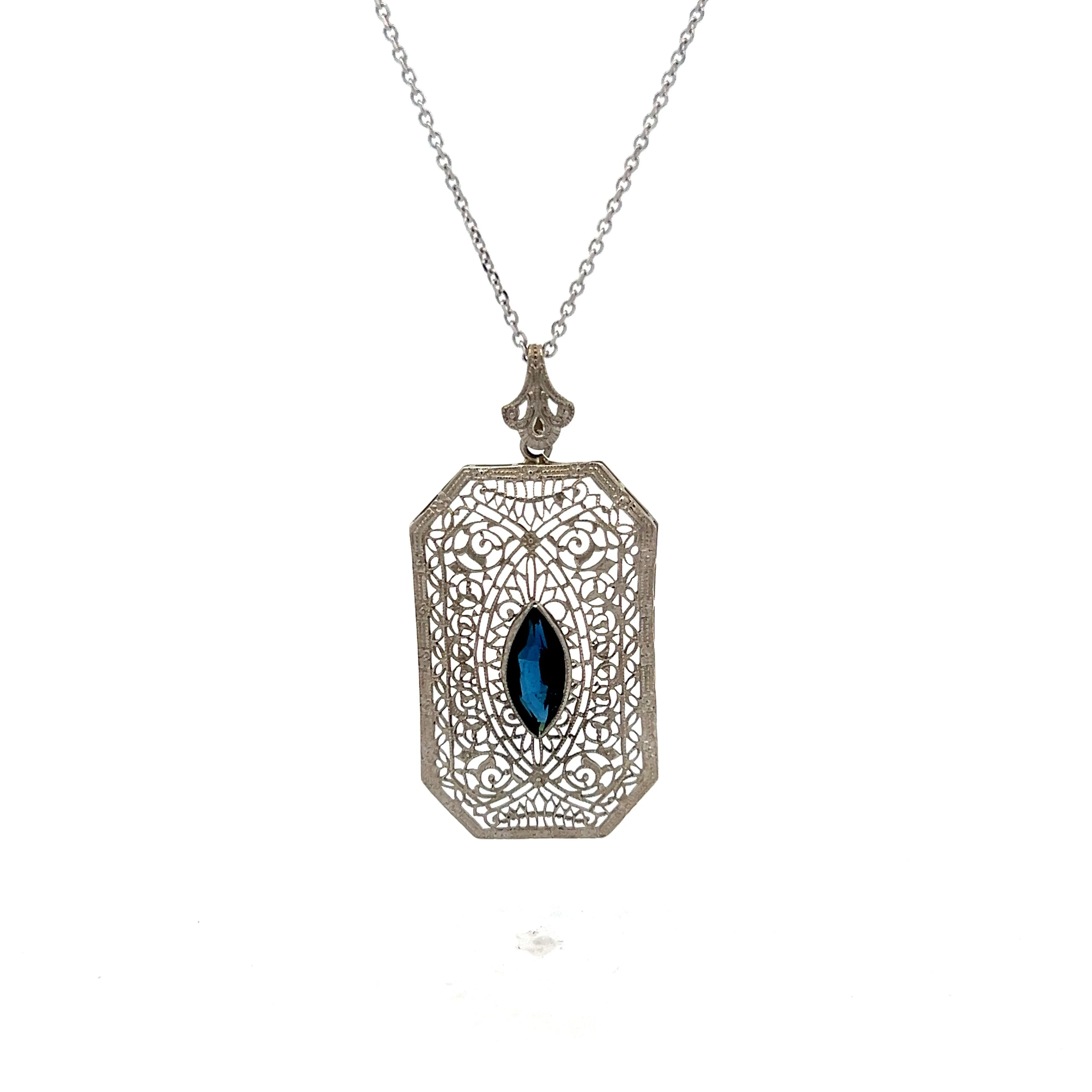 Antique Art Deco Sapphire Pendant in White Gold
