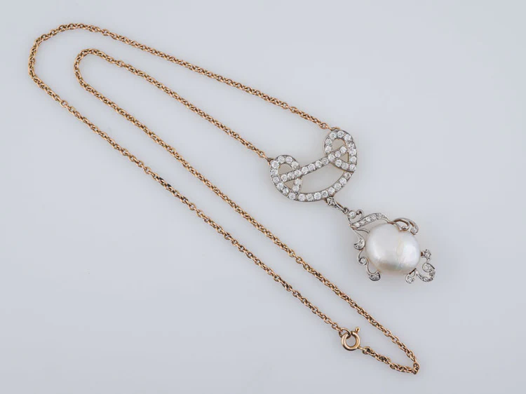 Antique Art Nouveau 18.00ct Pearl Necklace in 14k White and Yellow Gold - Image 4