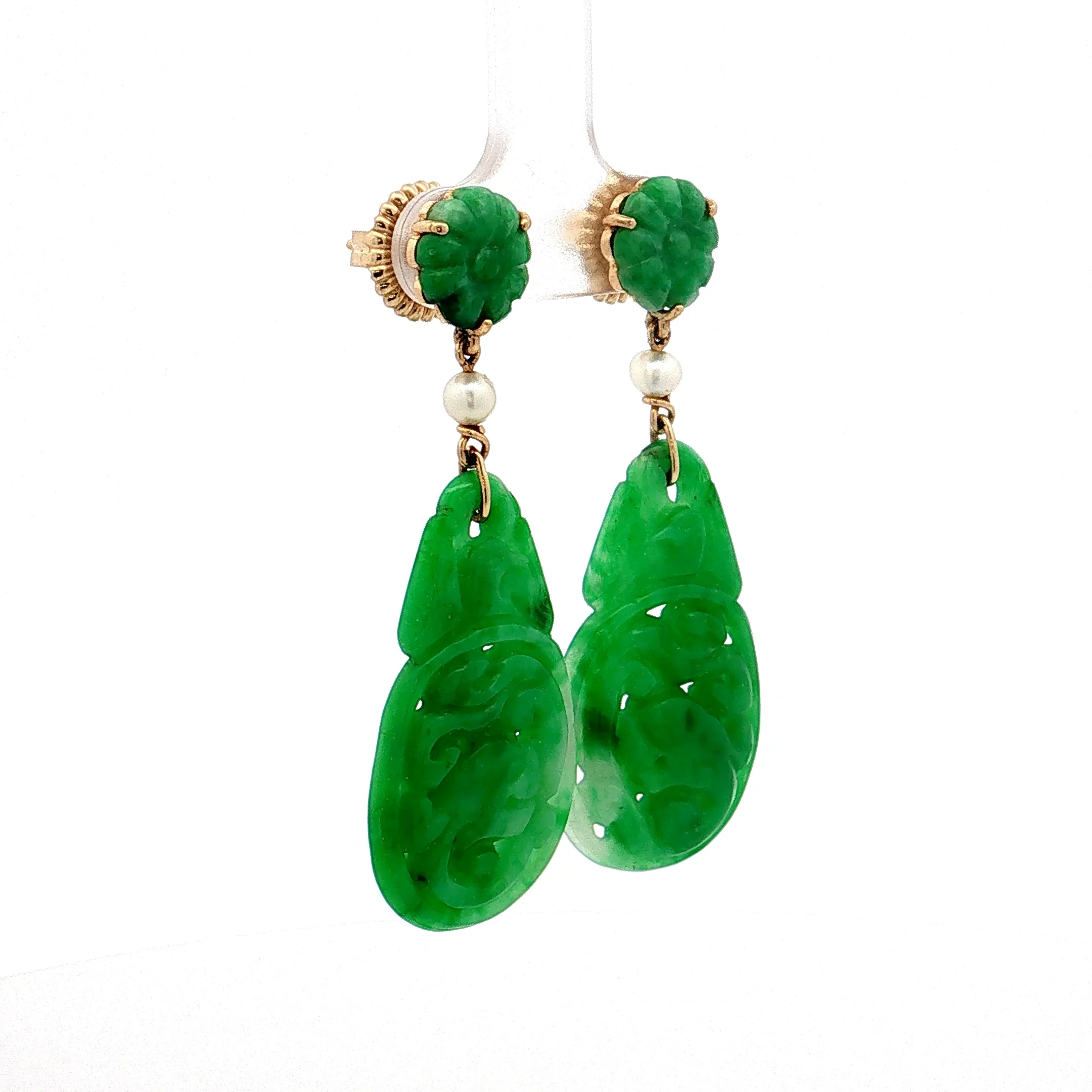 Antique Art Nouveau Jadeite & Pearl Drop Earrings 18k - Image 3