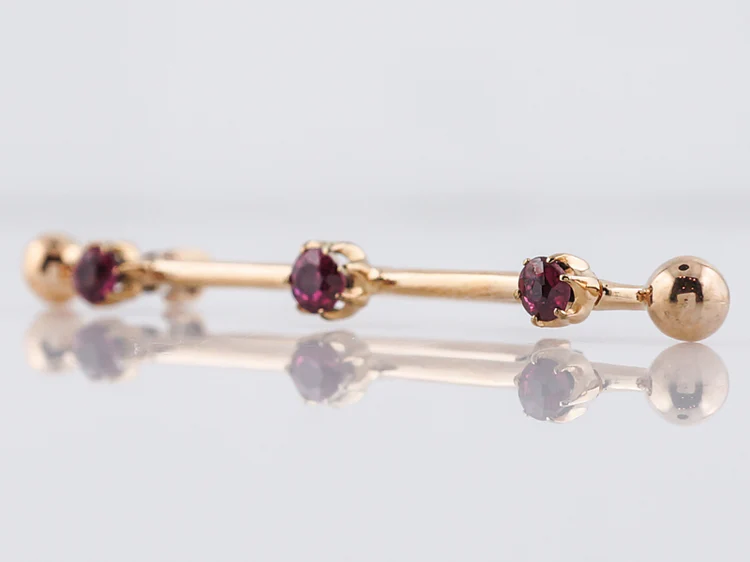 Antique Bar Pin Victorian .84 Round Cut Rubies in 14k Yellow Gold - Image 2