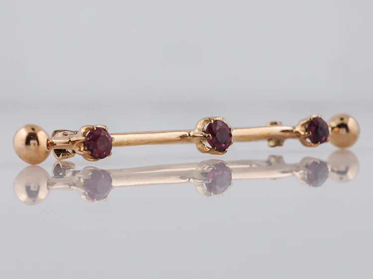 Antique Bar Pin Victorian .84 Round Cut Rubies in 14k Yellow Gold - Image 3