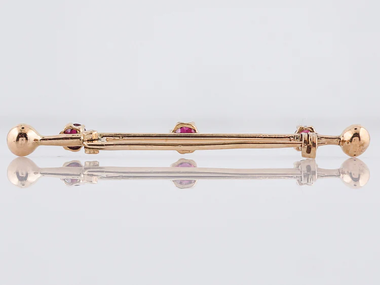 Antique Bar Pin Victorian .84 Round Cut Rubies in 14k Yellow Gold - Image 4