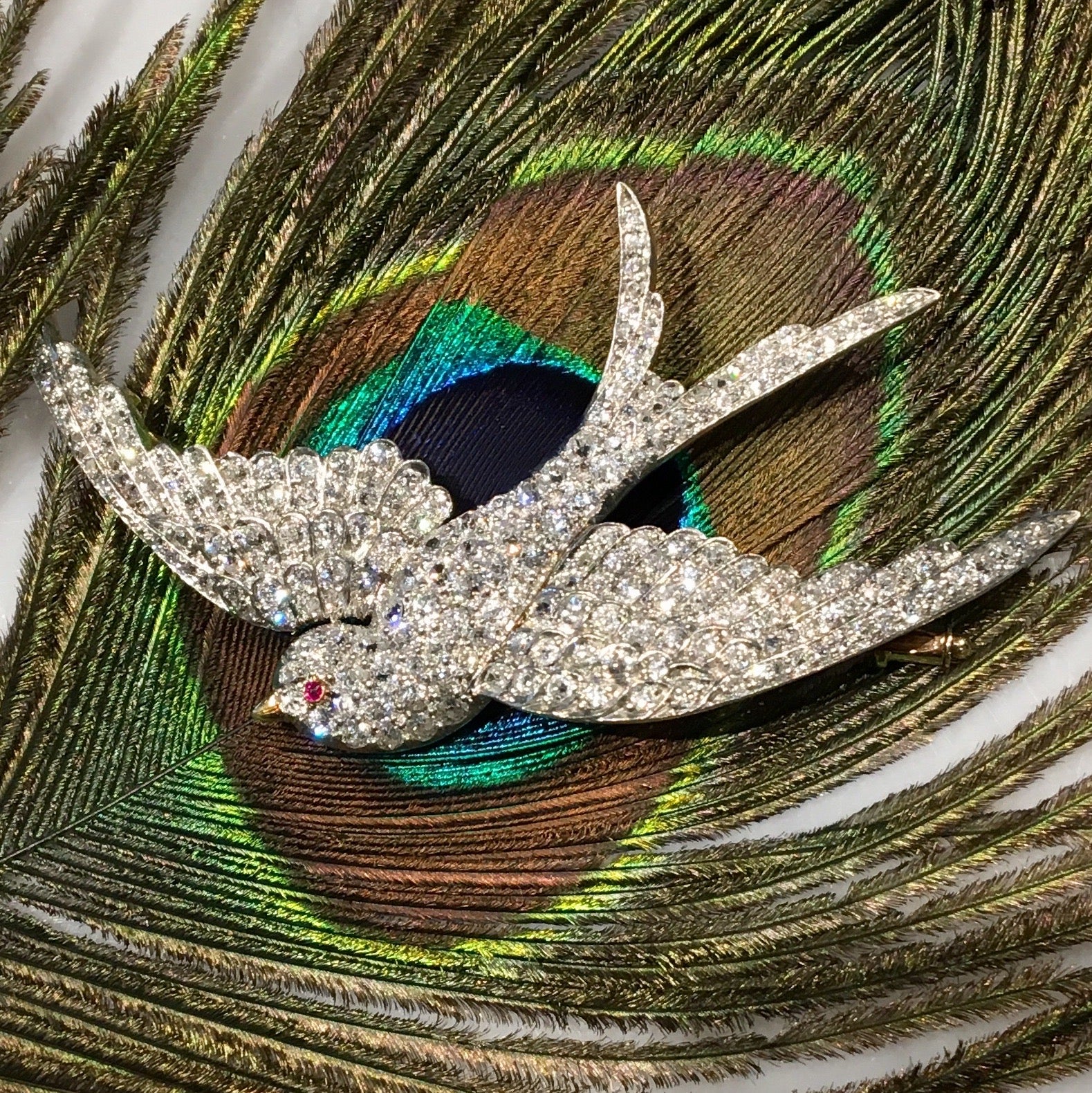 Antique Bird Brooch Edwardian 3.07 Old European Cut Diamonds in Platinum & 18k Yellow Gold