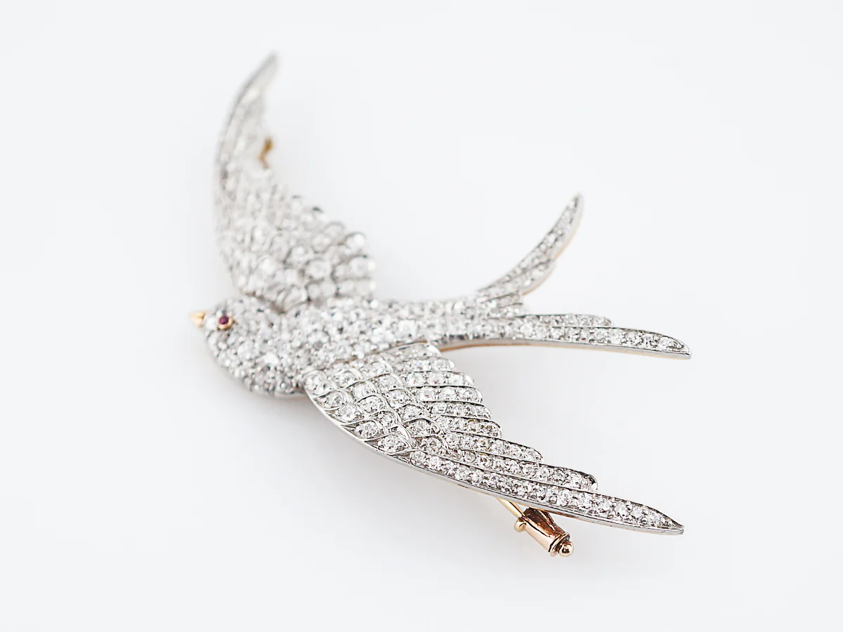 Antique Bird Brooch Edwardian 3.07 Old European Cut Diamonds in Platinum & 18k Yellow Gold - Image 3