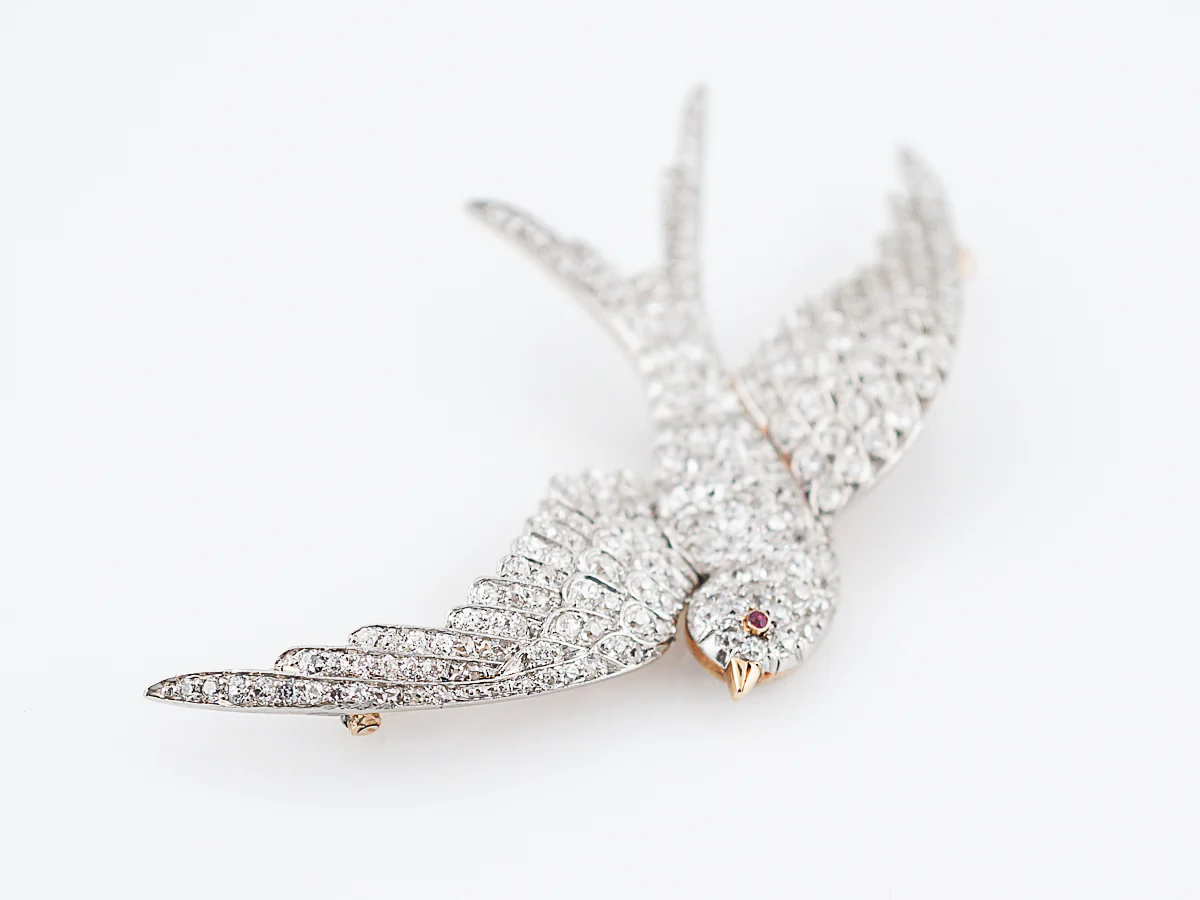 Antique Bird Brooch Edwardian 3.07 Old European Cut Diamonds in Platinum & 18k Yellow Gold - Image 4