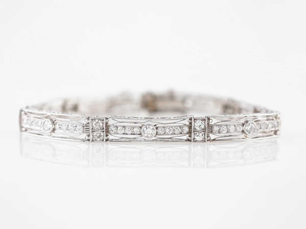 Antique Bracelet Art Deco 2.53 Old European & Single Cut Diamonds in 14k White Gold