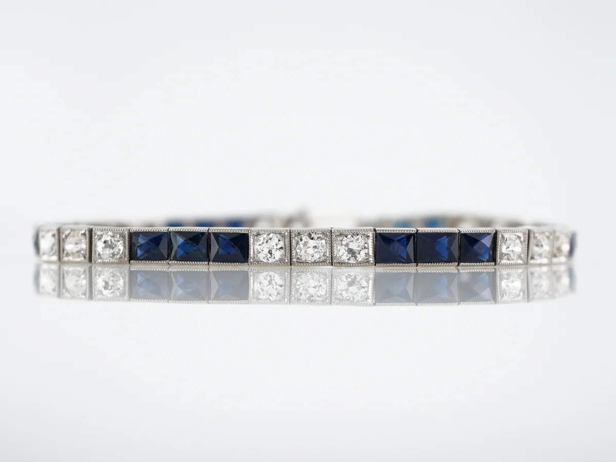 Antique Bracelet Art Deco 2.99 Old European Cut Diamonds & 7.60 French Cut Sapphire in Platinum - Image 2