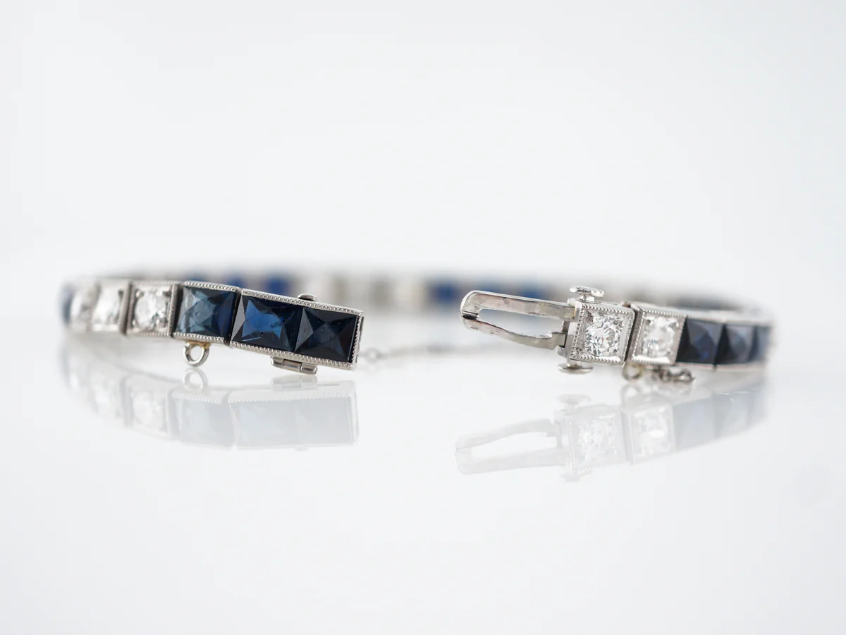 Antique Bracelet Art Deco 2.99 Old European Cut Diamonds & 7.60 French Cut Sapphire in Platinum - Image 3