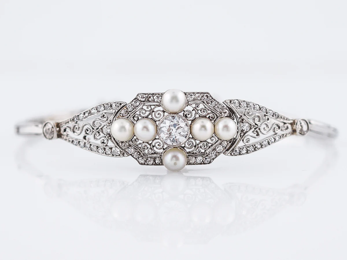 Antique Bracelet Art Deco .66 Old European Cut Diamond & Pearls in Platinum