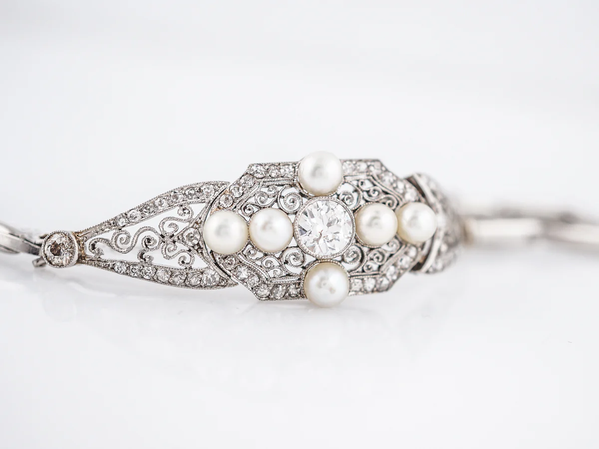Antique Bracelet Art Deco .66 Old European Cut Diamond & Pearls in Platinum - Image 3