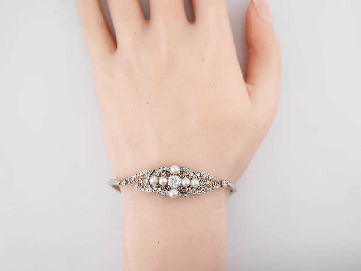 Antique Bracelet Art Deco .66 Old European Cut Diamond & Pearls in Platinum - Image 4
