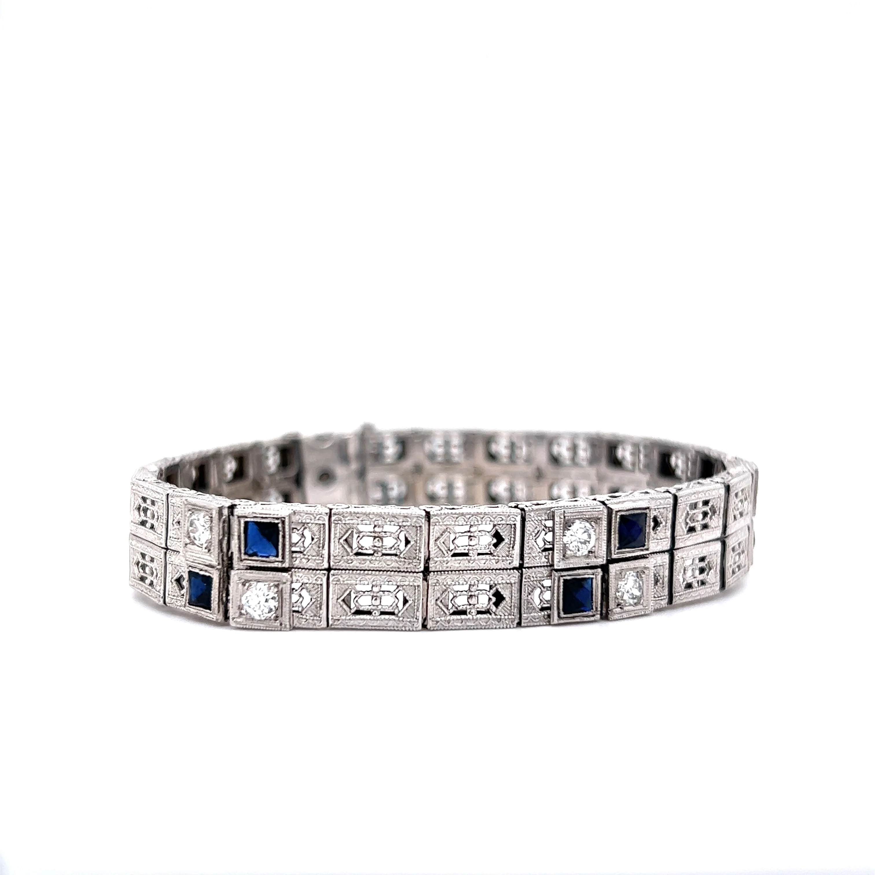 Antique Bracelet Art Deco .75 Calibre Cut Diamond & Sapphire in 14K White Gold - Image 3