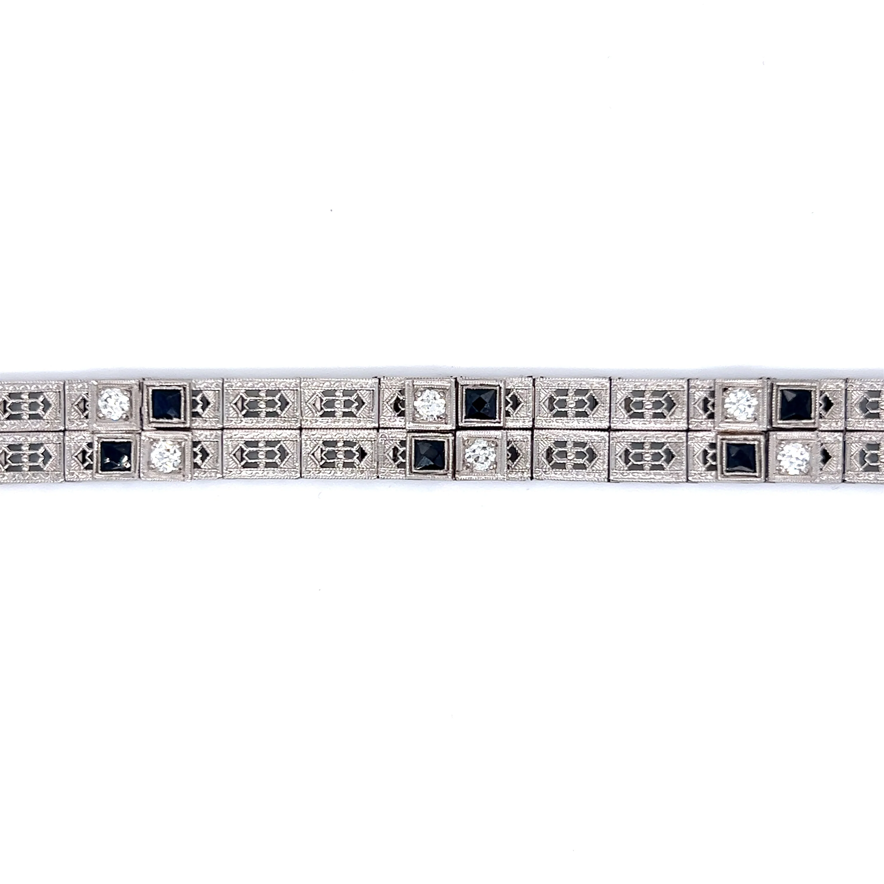 Antique Bracelet Art Deco .75 Calibre Cut Diamond & Sapphire in 14K White Gold - Image 4