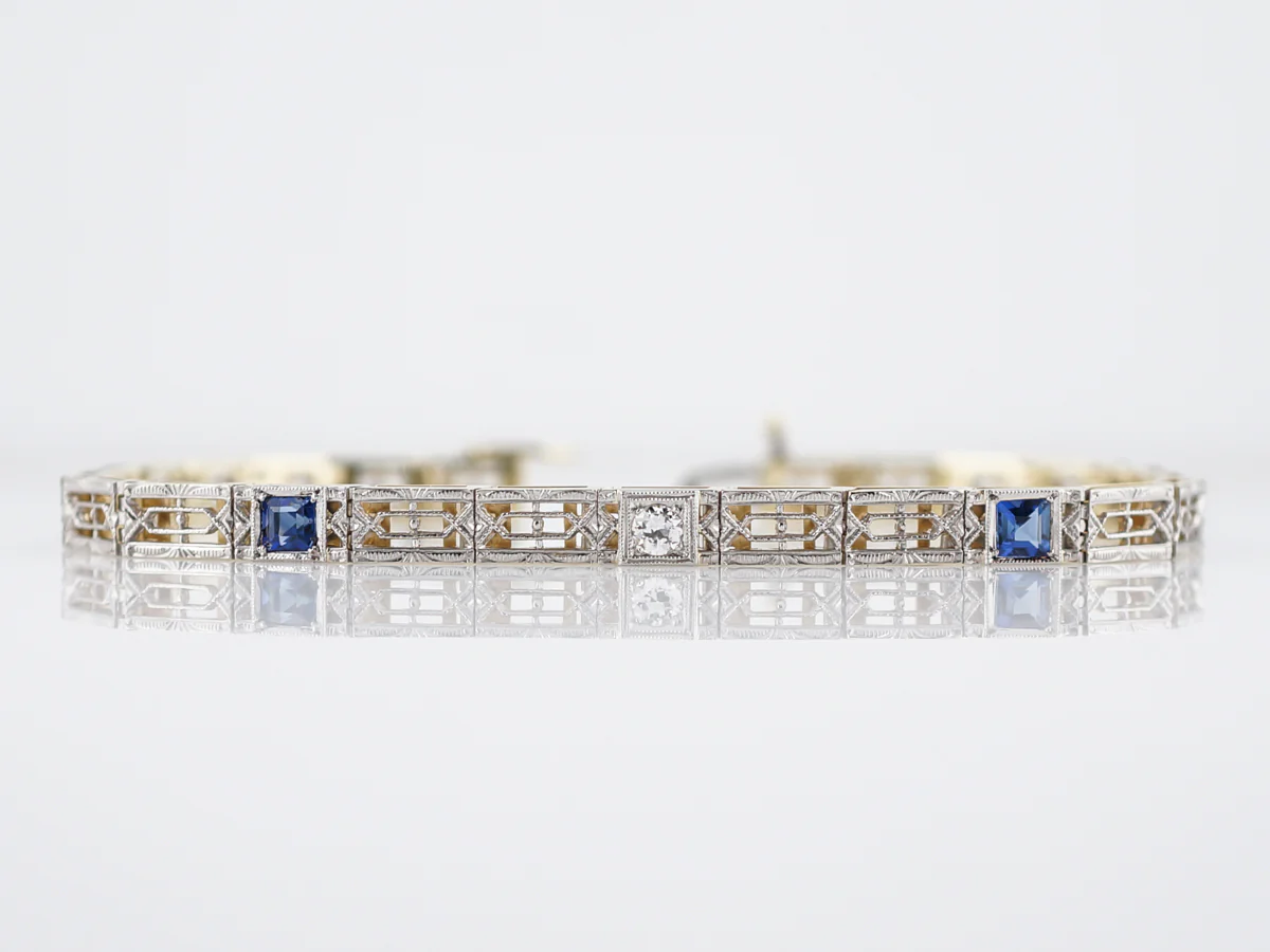 Antique Bracelet Deco .50 Square Cut Synthetic Sapphire in Platinum & 14k Yellow Gold