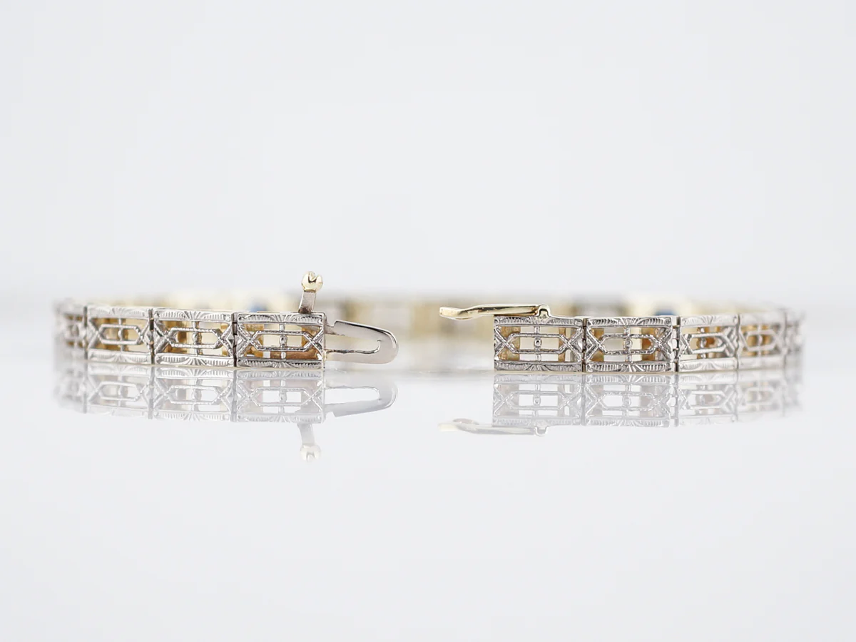 Antique Bracelet Deco .50 Square Cut Synthetic Sapphire in Platinum & 14k Yellow Gold - Image 2
