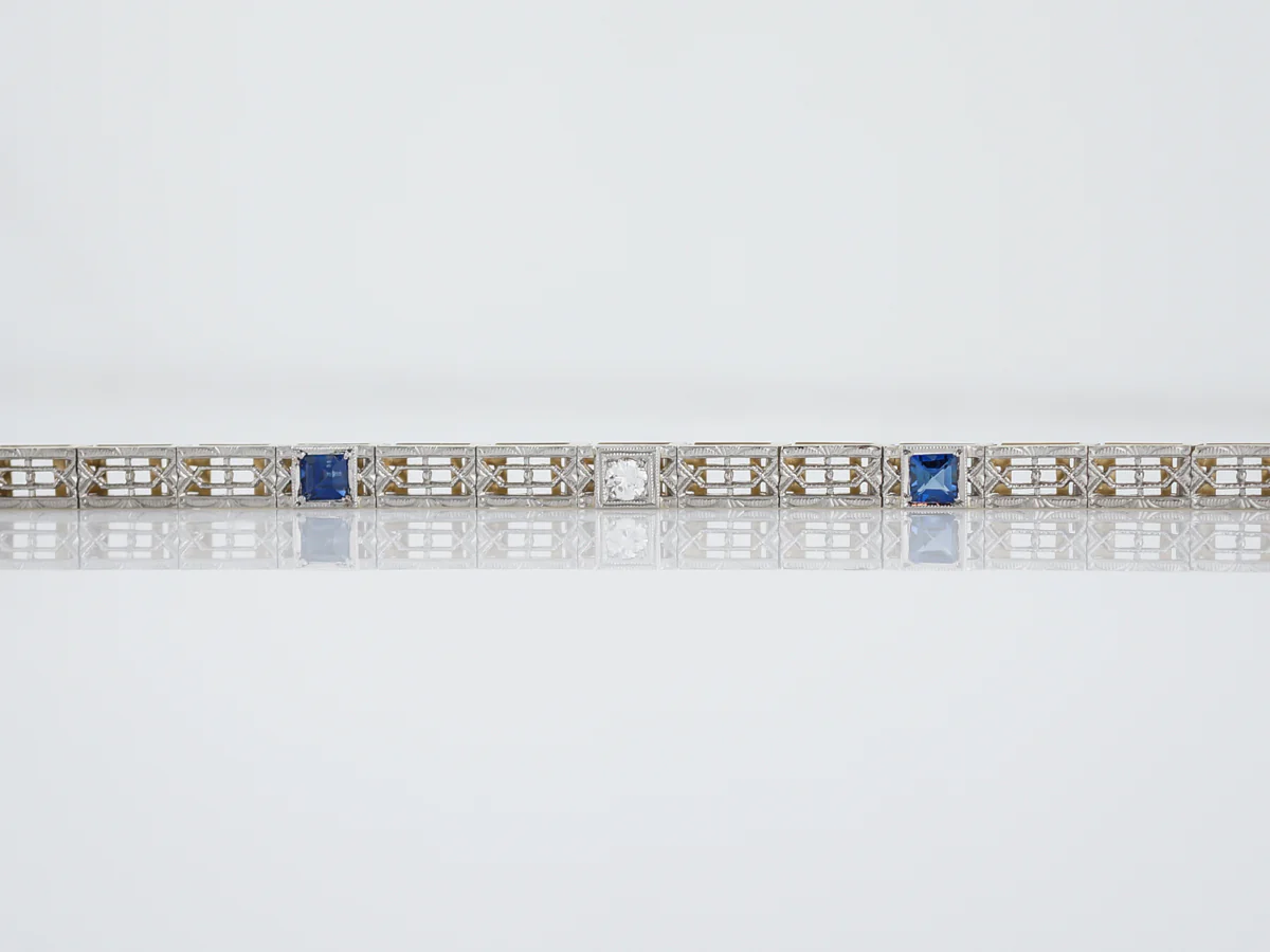 Antique Bracelet Deco .50 Square Cut Synthetic Sapphire in Platinum & 14k Yellow Gold - Image 3