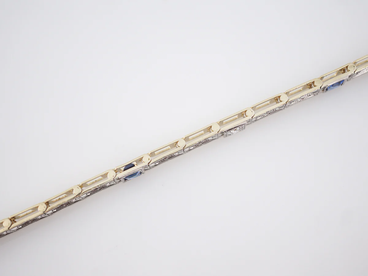 Antique Bracelet Deco .50 Square Cut Synthetic Sapphire in Platinum & 14k Yellow Gold - Image 4