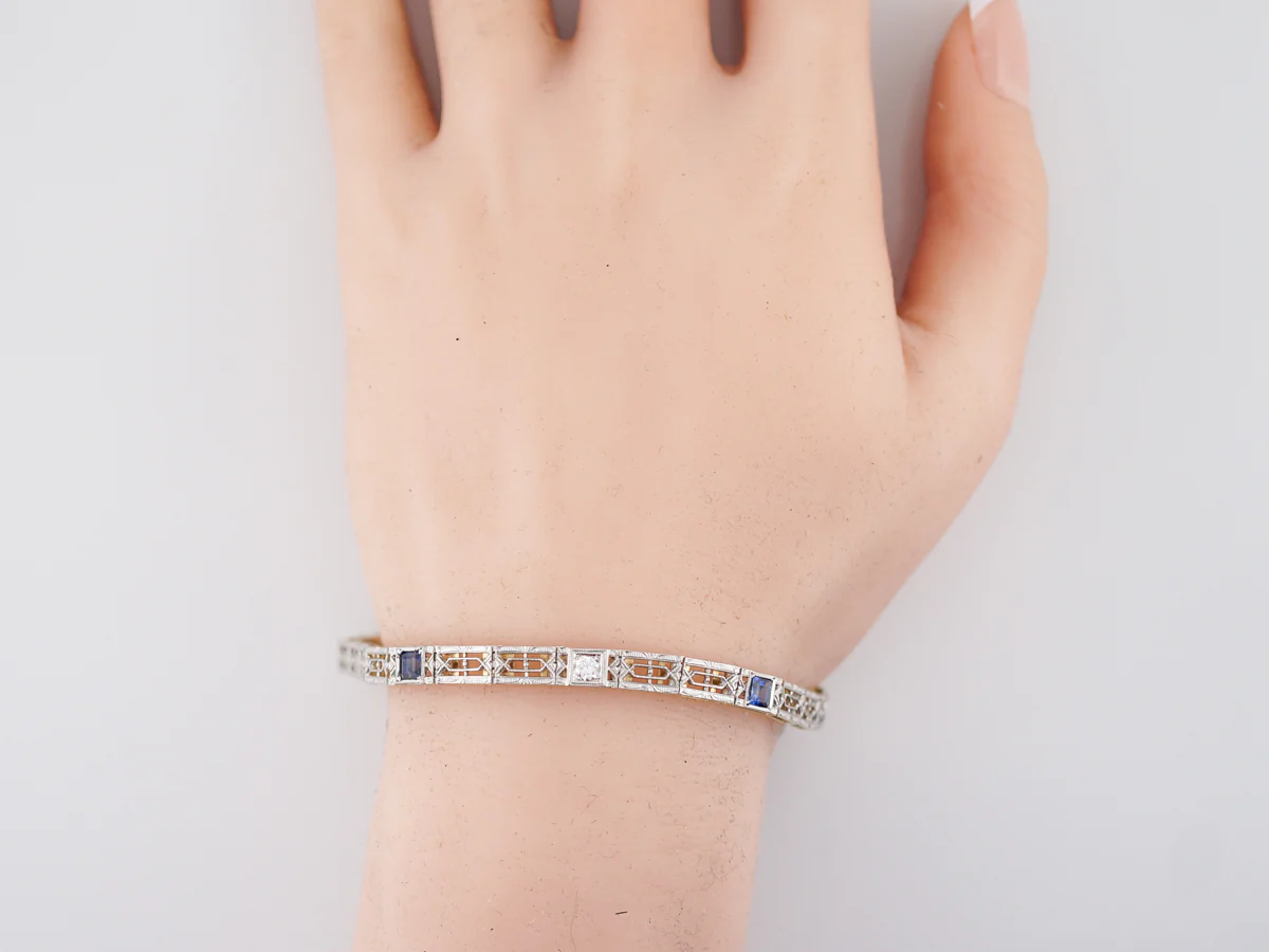 Antique Bracelet Deco .50 Square Cut Synthetic Sapphire in Platinum & 14k Yellow Gold - Image 5