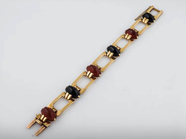 Antique Bracelet French Art Deco Onyx & Carnelian Cabochon Cut in 14k Yellow Gold - Image 2