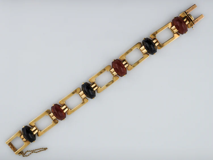 Antique Bracelet French Art Deco Onyx & Carnelian Cabochon Cut in 14k Yellow Gold - Image 3