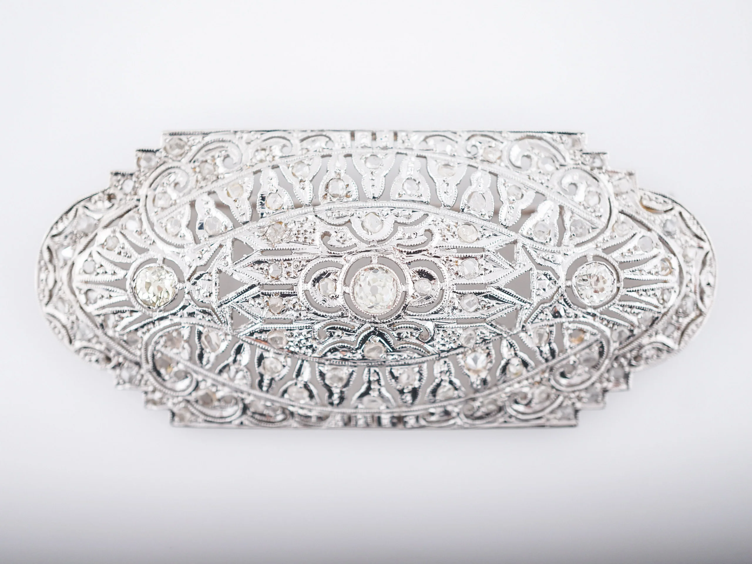 Antique Brooch Art Deco 1.95 Old Mine & Rose Cut Diamonds in 14k White Gold