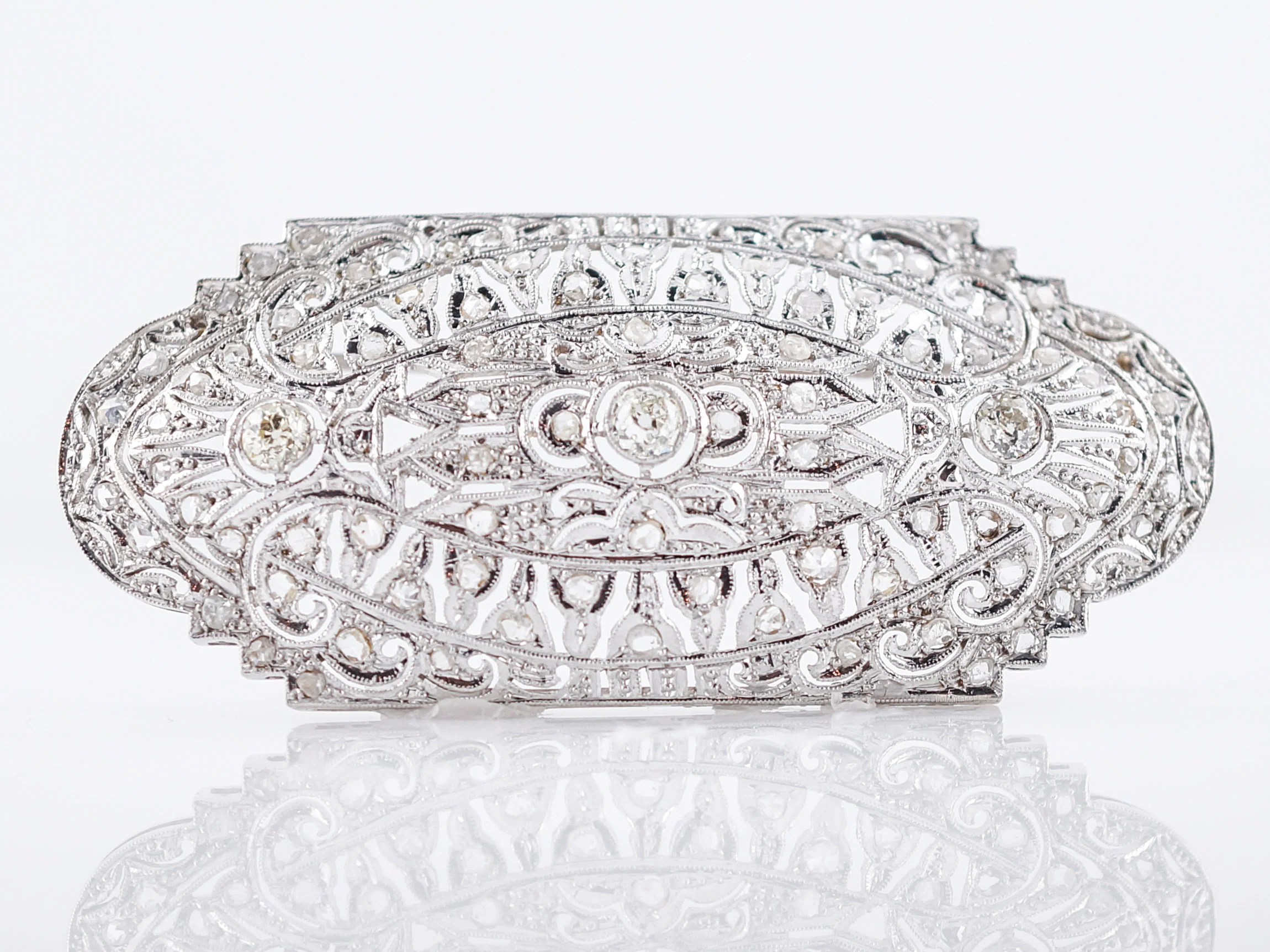 Antique Brooch Art Deco 1.95 Old Mine & Rose Cut Diamonds in 14k White Gold - Image 8