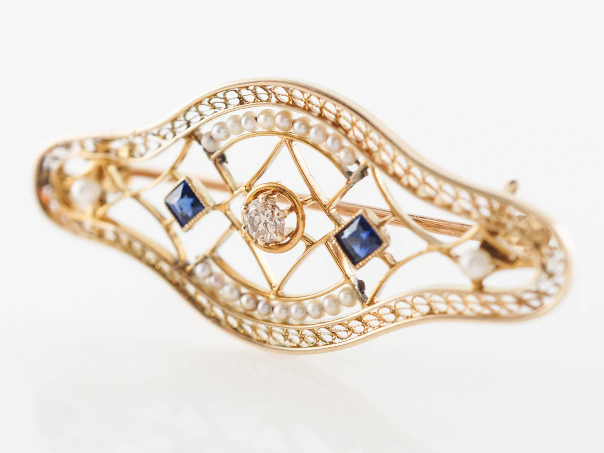 Art Deco Brooch w/ Diamonds, Sapphires & Pearls - Image 2