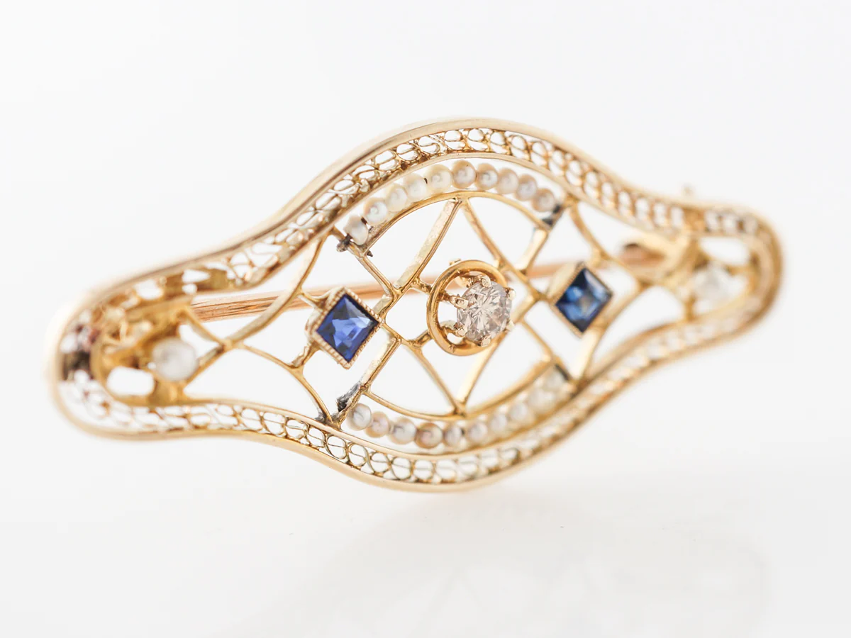 Art Deco Brooch w/ Diamonds, Sapphires & Pearls - Image 3