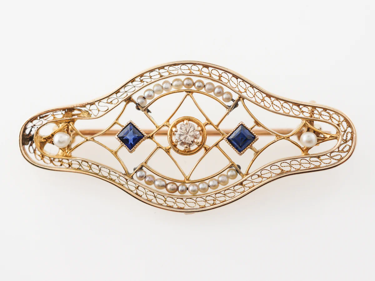 Art Deco Brooch w/ Diamonds, Sapphires & Pearls - Image 4