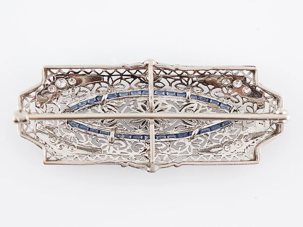 Antique Brooch Art Deco .67 Transitional Cut Diamonds & .90 French Cut Sapphire in 14k White Gold - Image 4
