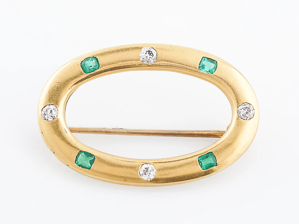 Antique Brooch Art Nouveau .24 Old European Cut Diamond & .24 Emerald Cut Emerald in 14k Yellow Gold - Image 2