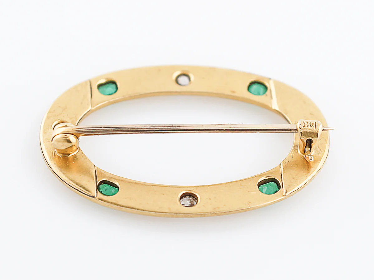 Antique Brooch Art Nouveau .24 Old European Cut Diamond & .24 Emerald Cut Emerald in 14k Yellow Gold - Image 3