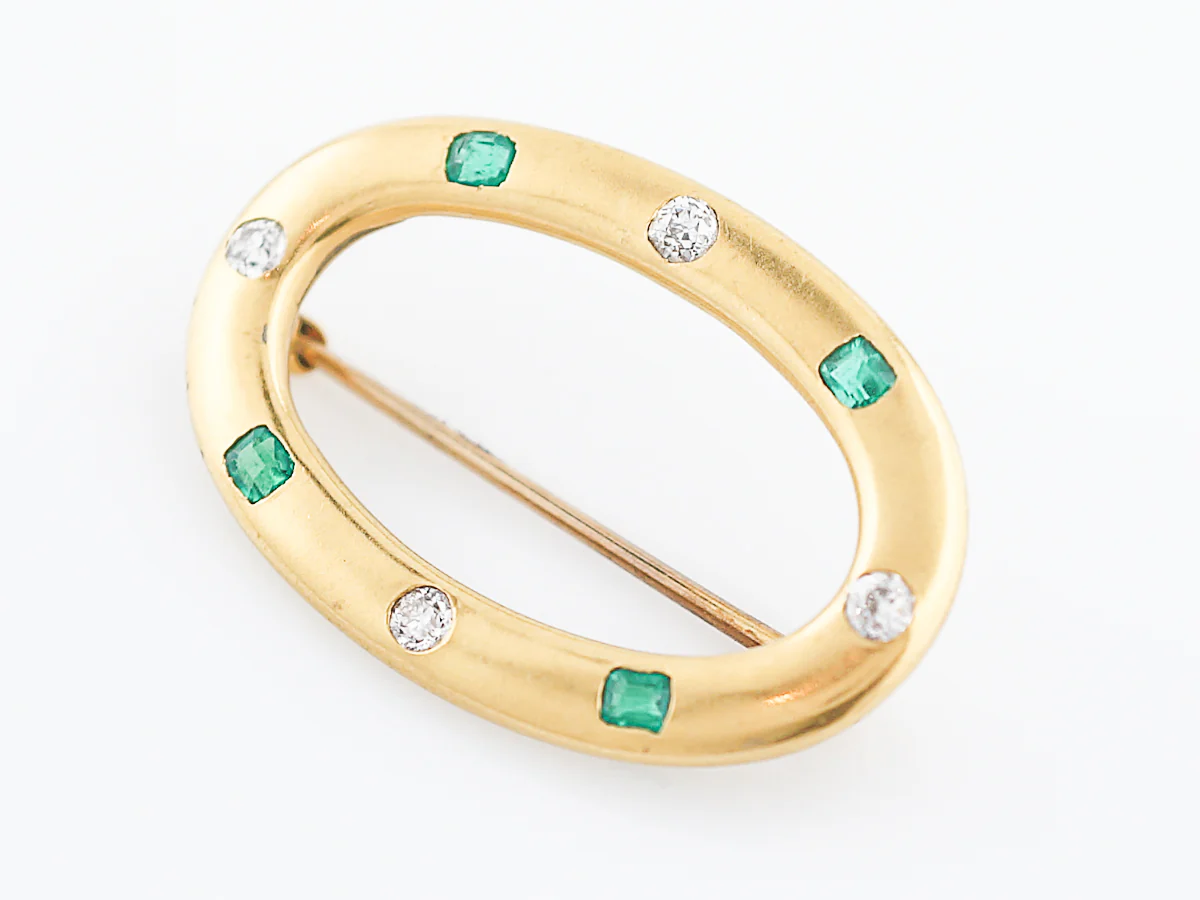 Antique Brooch Art Nouveau .24 Old European Cut Diamond & .24 Emerald Cut Emerald in 14k Yellow Gold - Image 4
