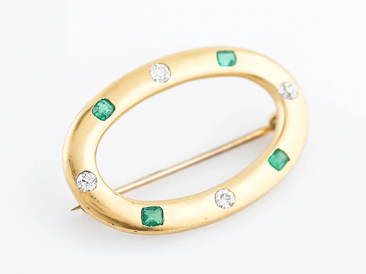 Antique Brooch Art Nouveau .24 Old European Cut Diamond & .24 Emerald Cut Emerald in 14k Yellow Gold - Image 5