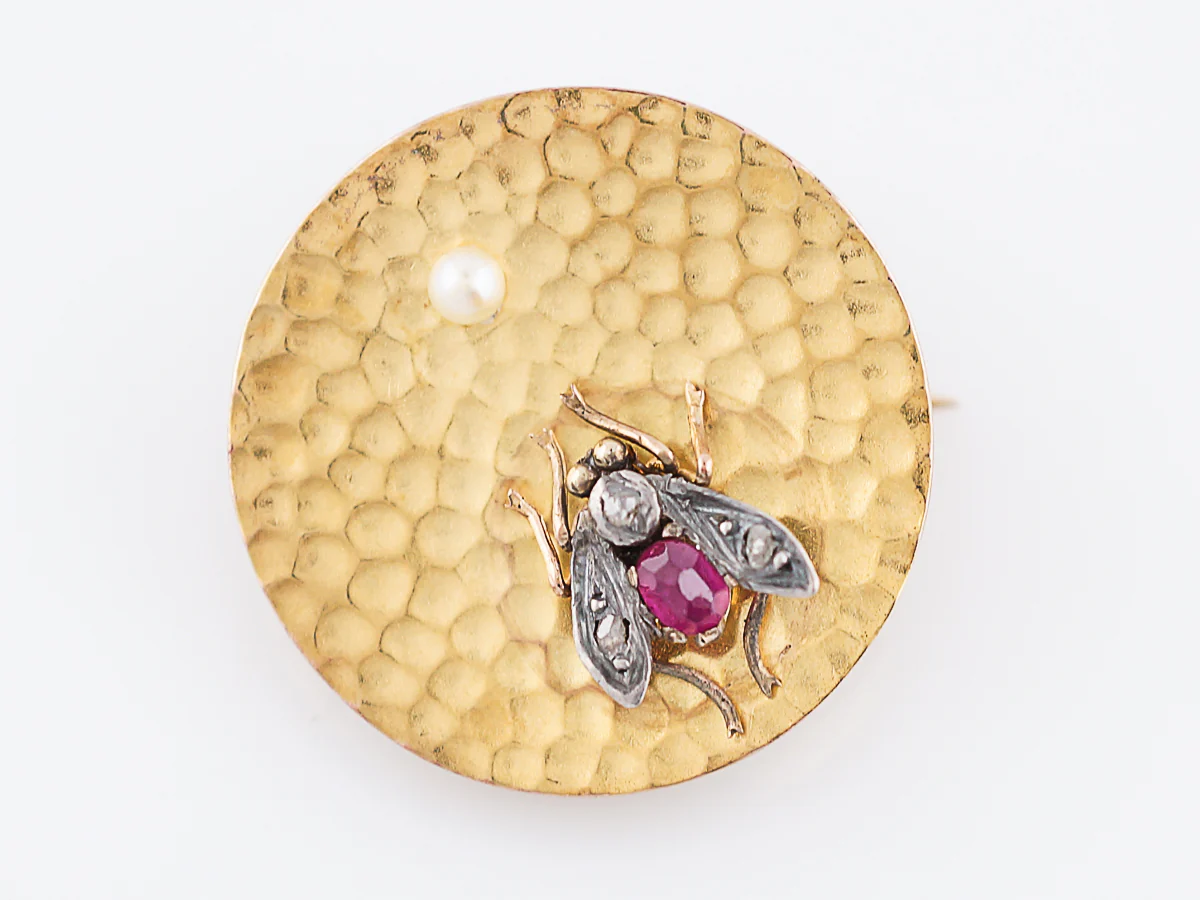 Antique Bug Pin Victorian .15 Oval Cut Ruby, .03 Single Cut Diamond & Pearl in 18k Yellow Gold - Image 2