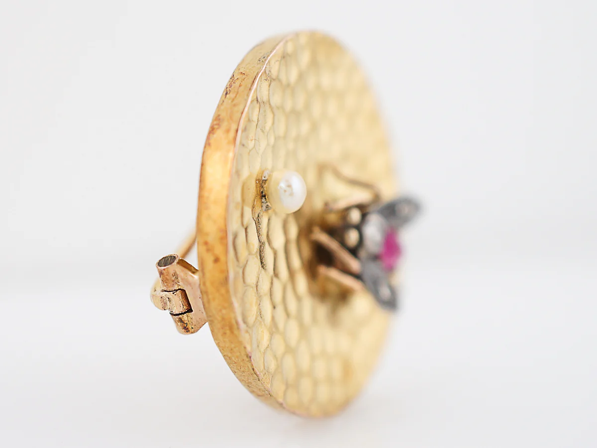 Antique Bug Pin Victorian .15 Oval Cut Ruby, .03 Single Cut Diamond & Pearl in 18k Yellow Gold - Image 4