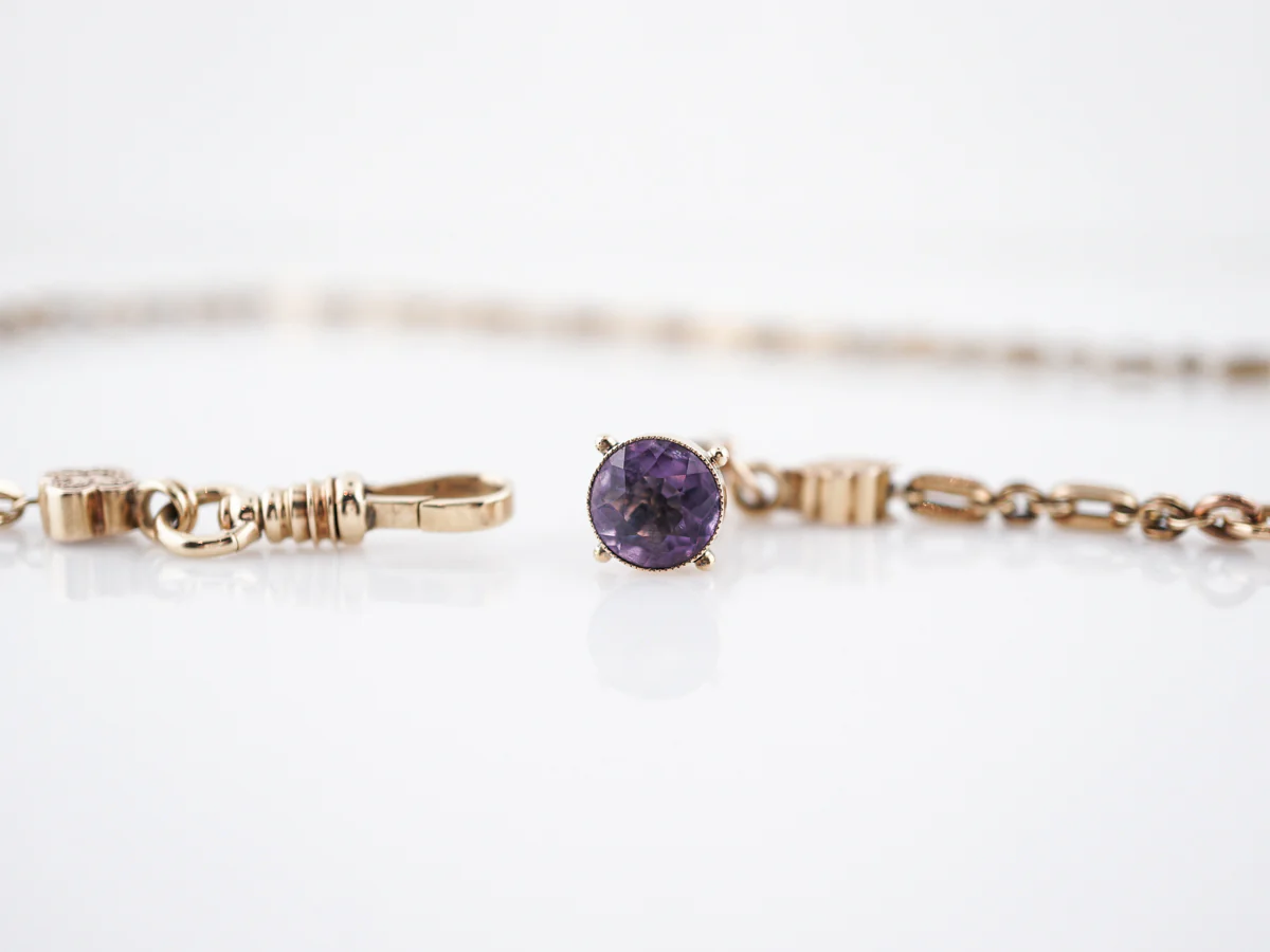 Antique Chain Necklace Art Deco 2.67 Round Cut Amethyst in 10k Yellow Gold - Image 2